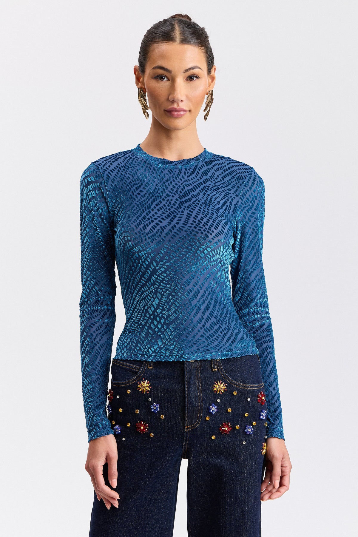 Burnout mesh blue long-sleeve velvet top with crew neck - Shop women's cute velvet tops by Avec Les Filles.