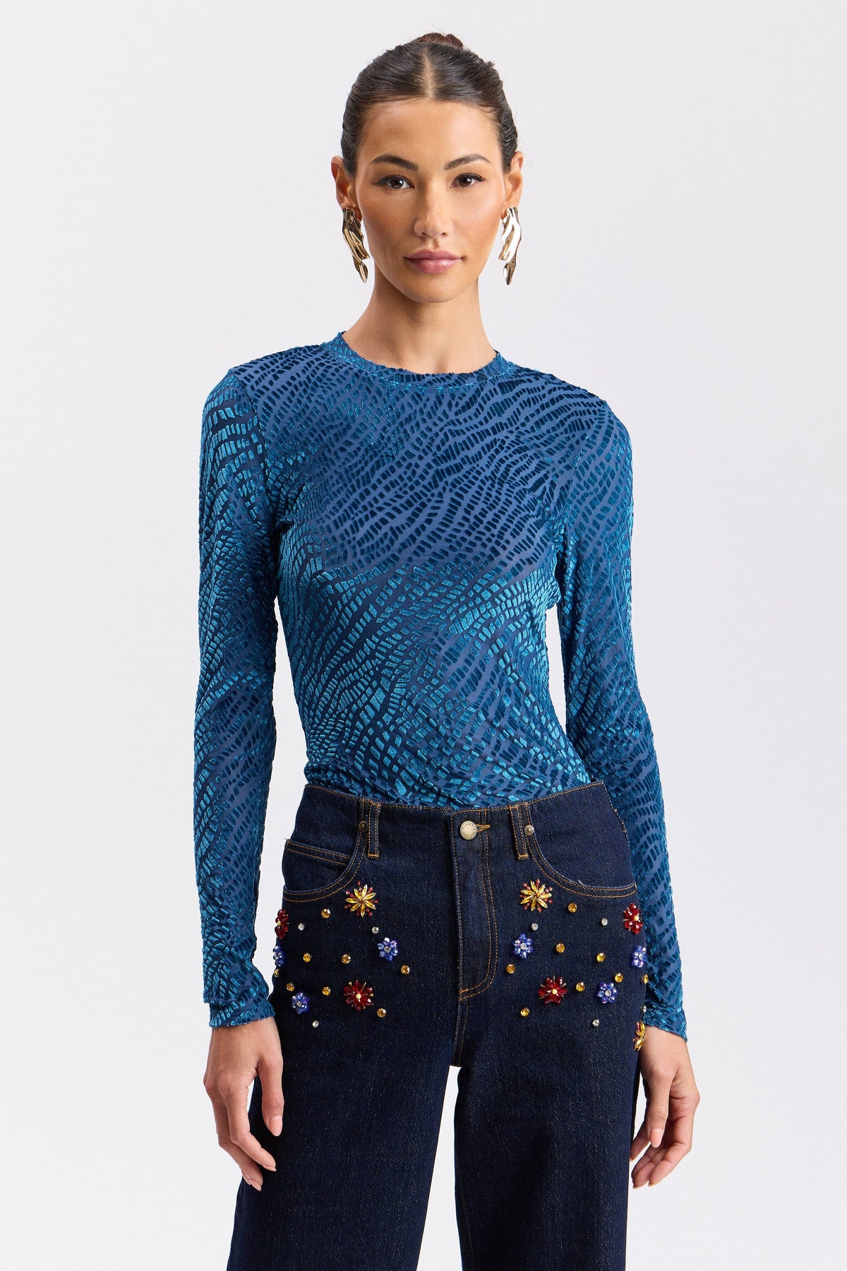 Burnout velvet mesh long-sleeve turquoise top with crew neck - Shop women's velvet tops by Avec Les Filles.
