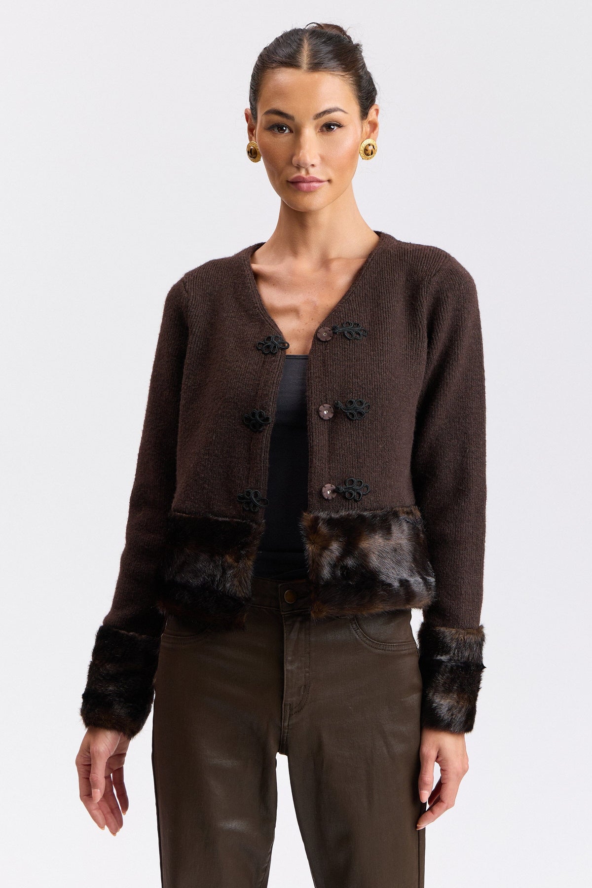 Frog-closure brown cardigan sweater with a crew neck - Shop women's cute cardigans by Avec Les Filles.