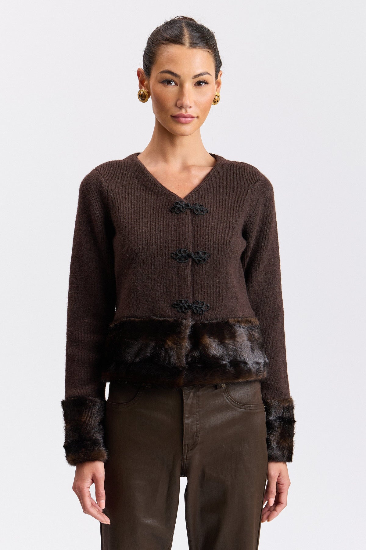 Faux fur-trimmed frog-closure brown cardigan sweater - Shop women's cute cardigans by Avec Les Filles.