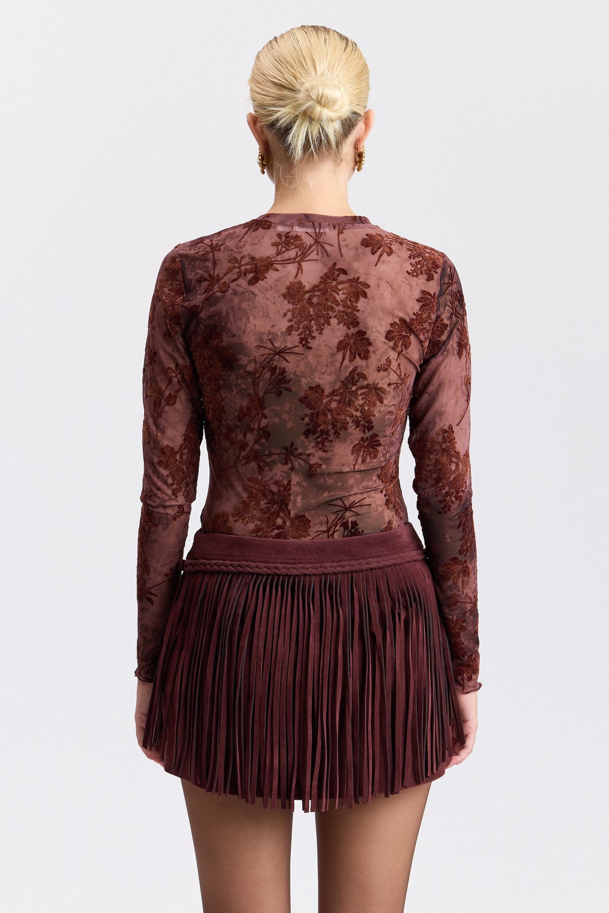Stretch long-sleeve wine floral mesh top - Shop designer women's cute floral tops by Avec Les Filles.