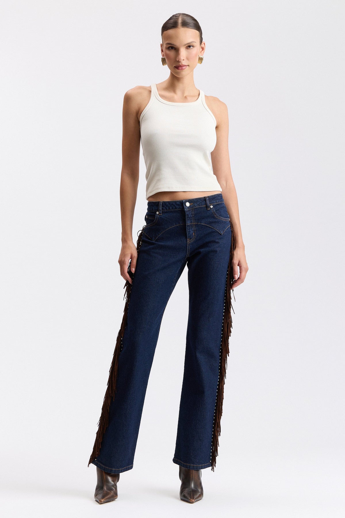 Denim dark wash bootcut jeans with a low-rise waist - Shop women's cute fringe denim jeans by Avec Les Filles.
