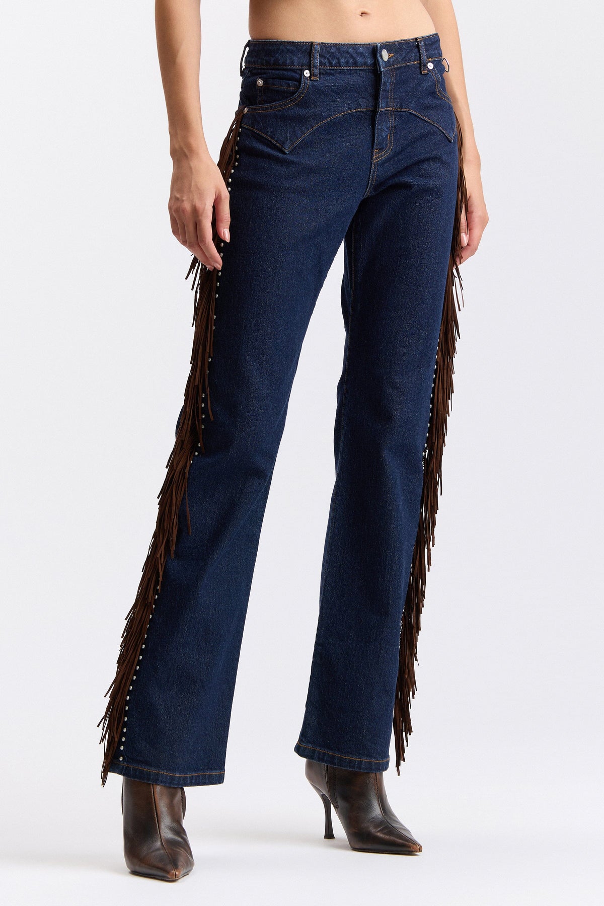 Denim low rise dark blue jeans - Shop designer women's cute fringe denim jeans by Avec Les Filles.