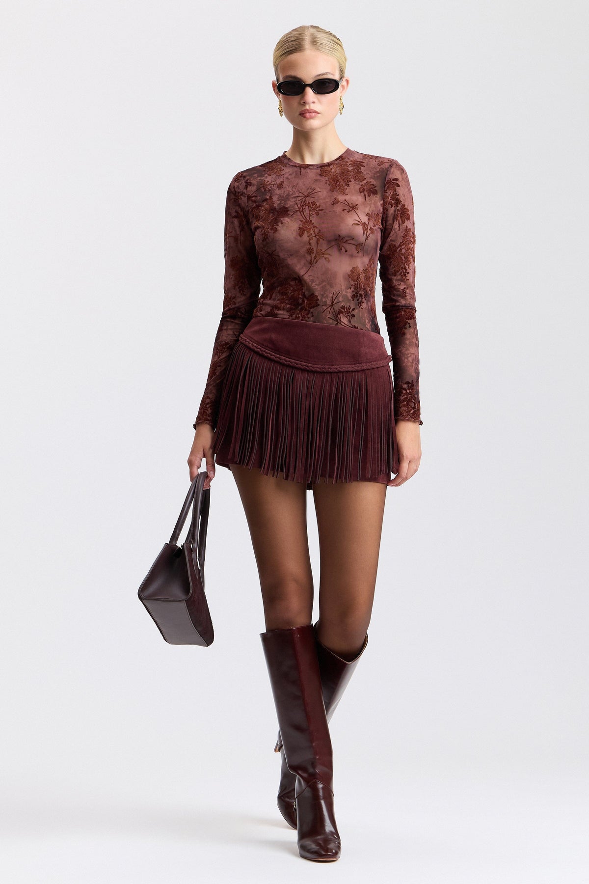 Fringe low-rise wine faux suede mini skirt - Shop designer women's cute mini skirts by Avec Les Filles.