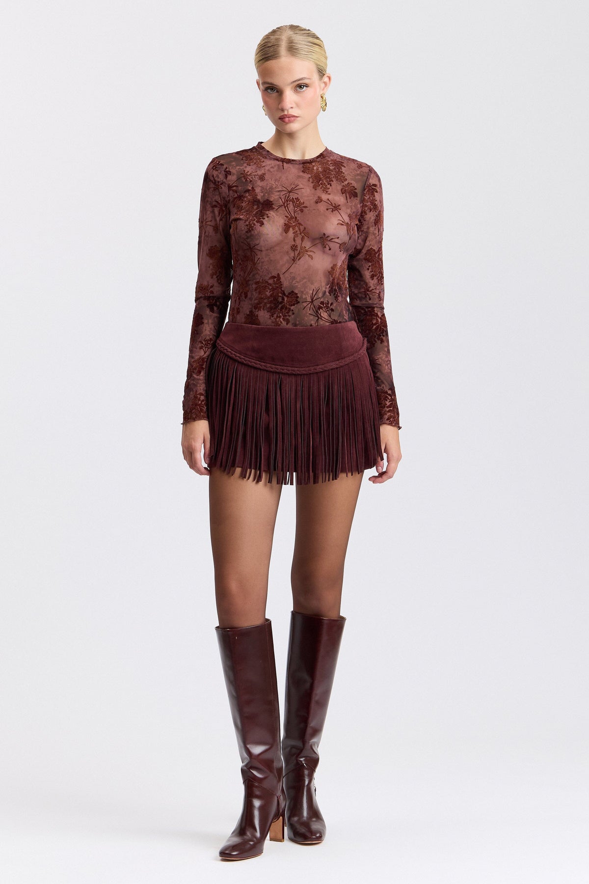 Fringe low-rise wine faux suede short skirt - Shop designer women's cute mini skirts by Avec Les Filles.