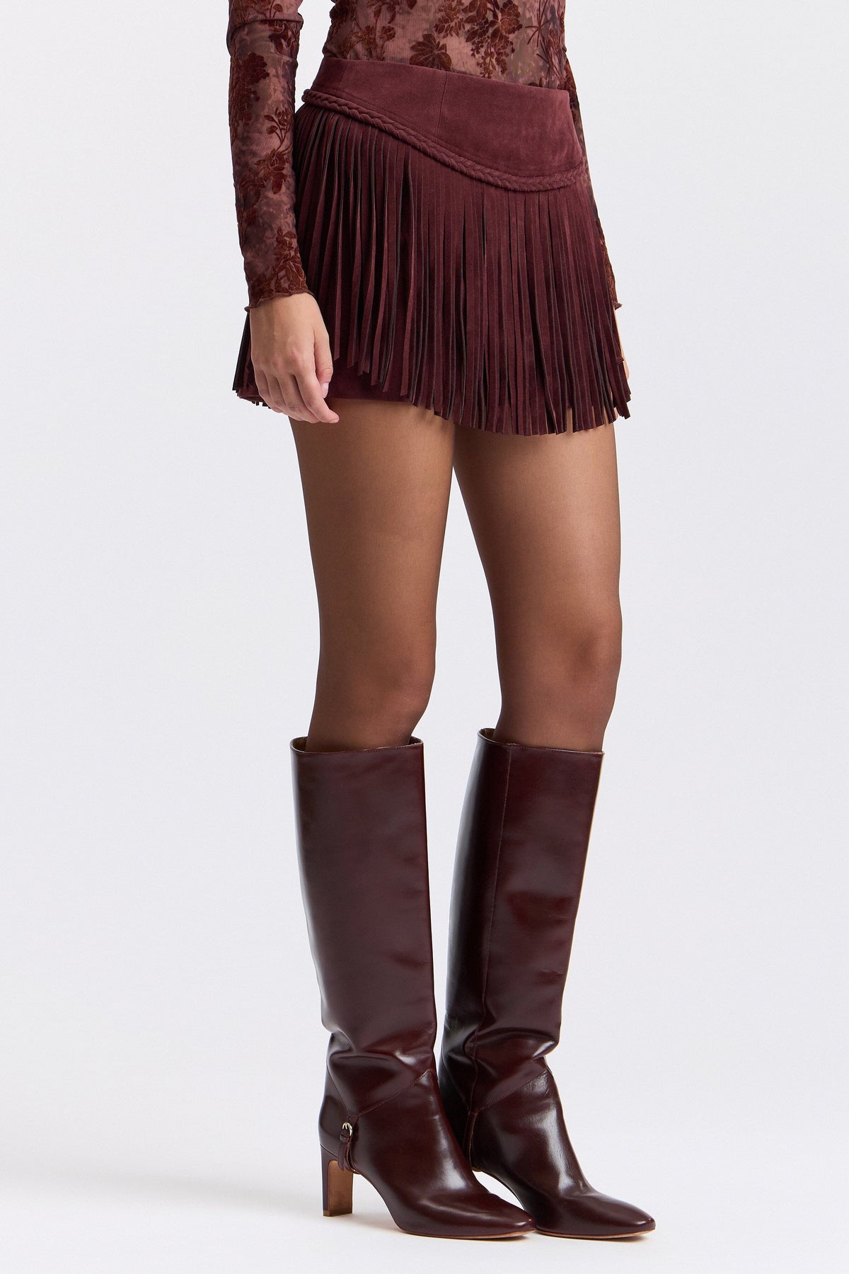 Low-rise wine faux suede fringe skirt red - Shop designer women's cute mini skirts by Avec Les Filles.