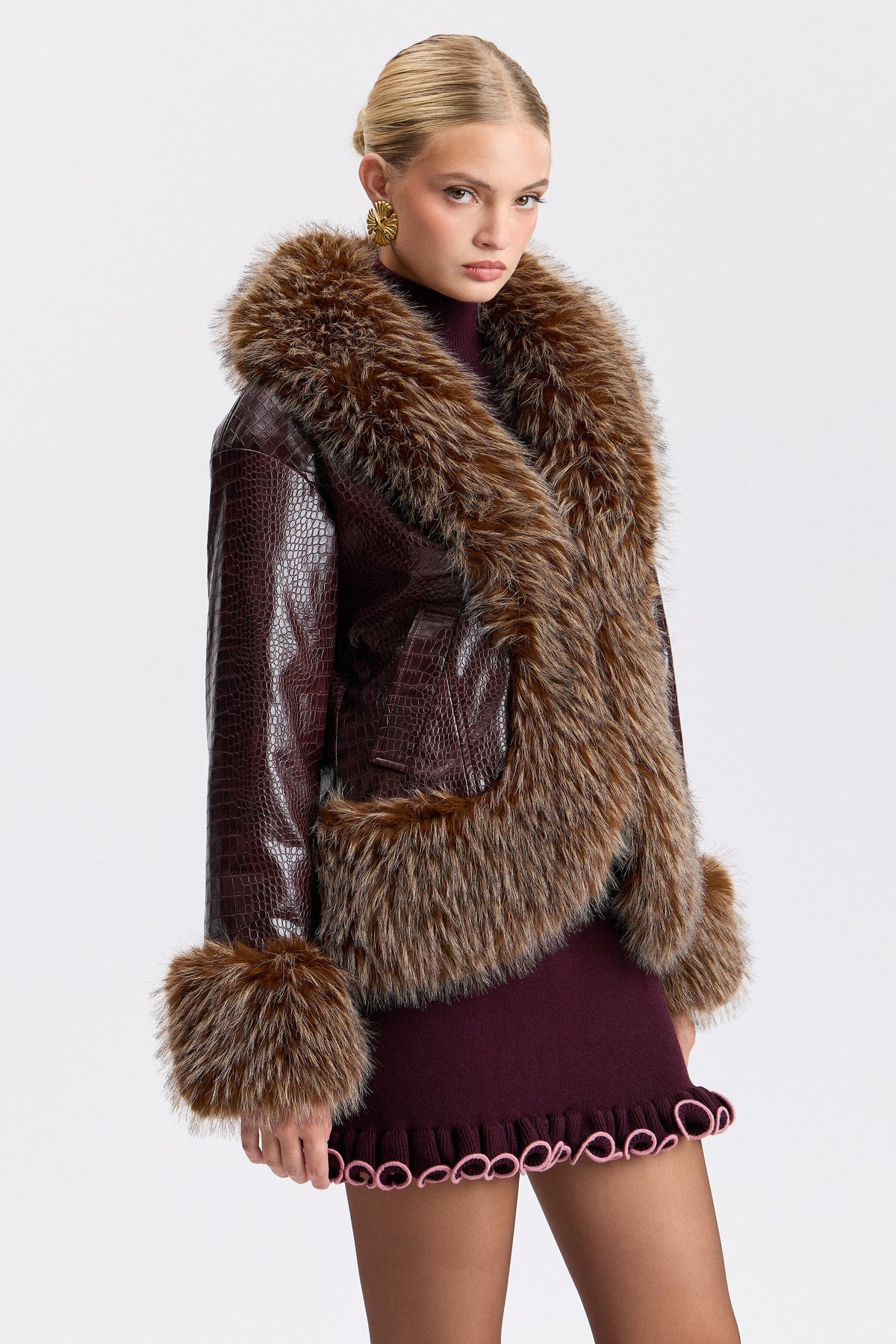 Croc-embossed leather faux fur jacket with a shawl collar - Shop women's cute leather jackets by Avec Les Filles.