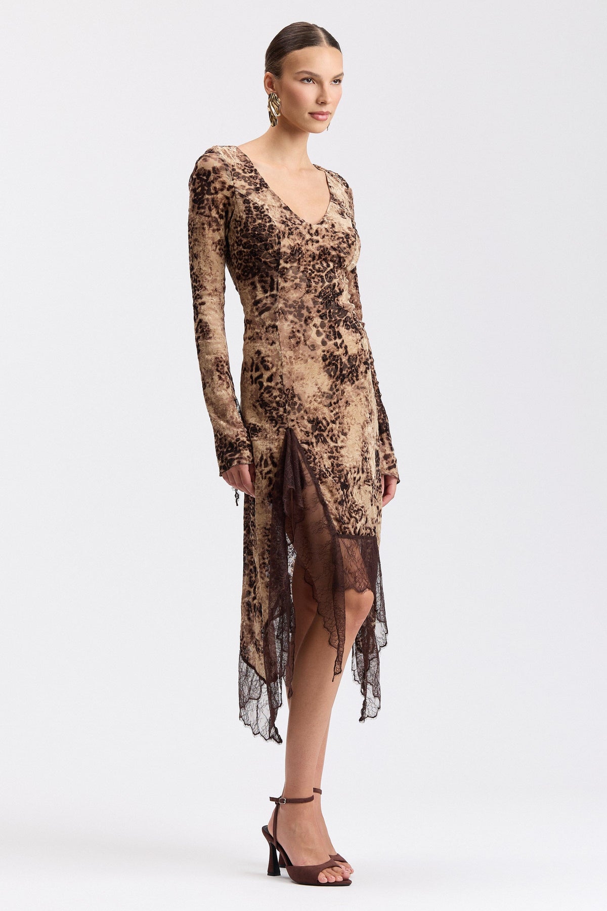 Asymmetrical midi dress with leopard print with deep V-neck - Shop women's cute printed dresses by Avec Les Filles.