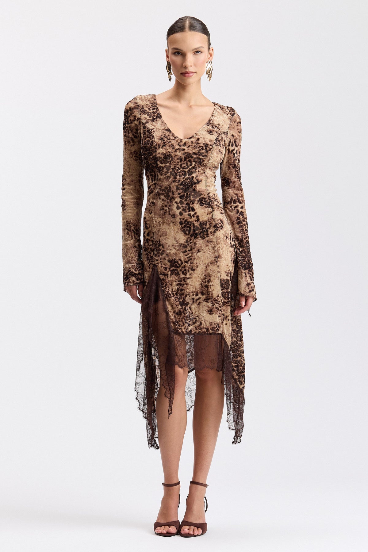Asymmetrical midi leopard print dress with V-neck and long sleeves - Shop printed dresses by Avec Les Filles.