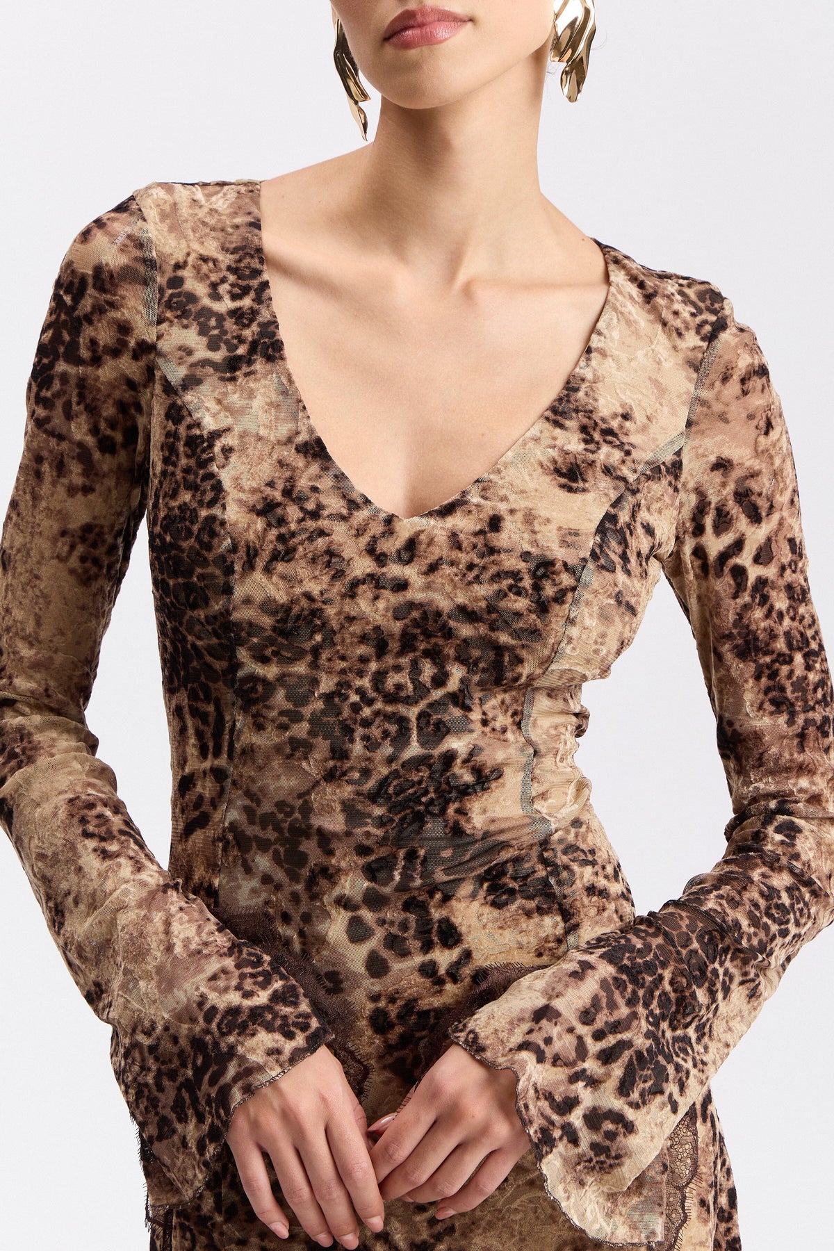 Midi long sleeve leopard dress with V-neck - Shop designer women's cute printed dresses by Avec Les Filles.