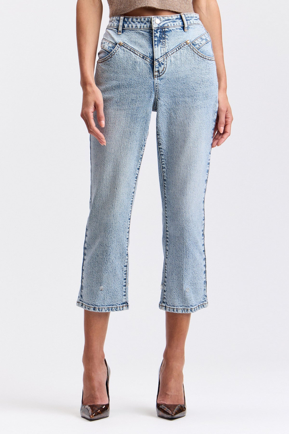 Denim faux-fur cuff stretch straight leg jeans with a high rise - Shop women's cute denim jeans by Avec Les Filles.