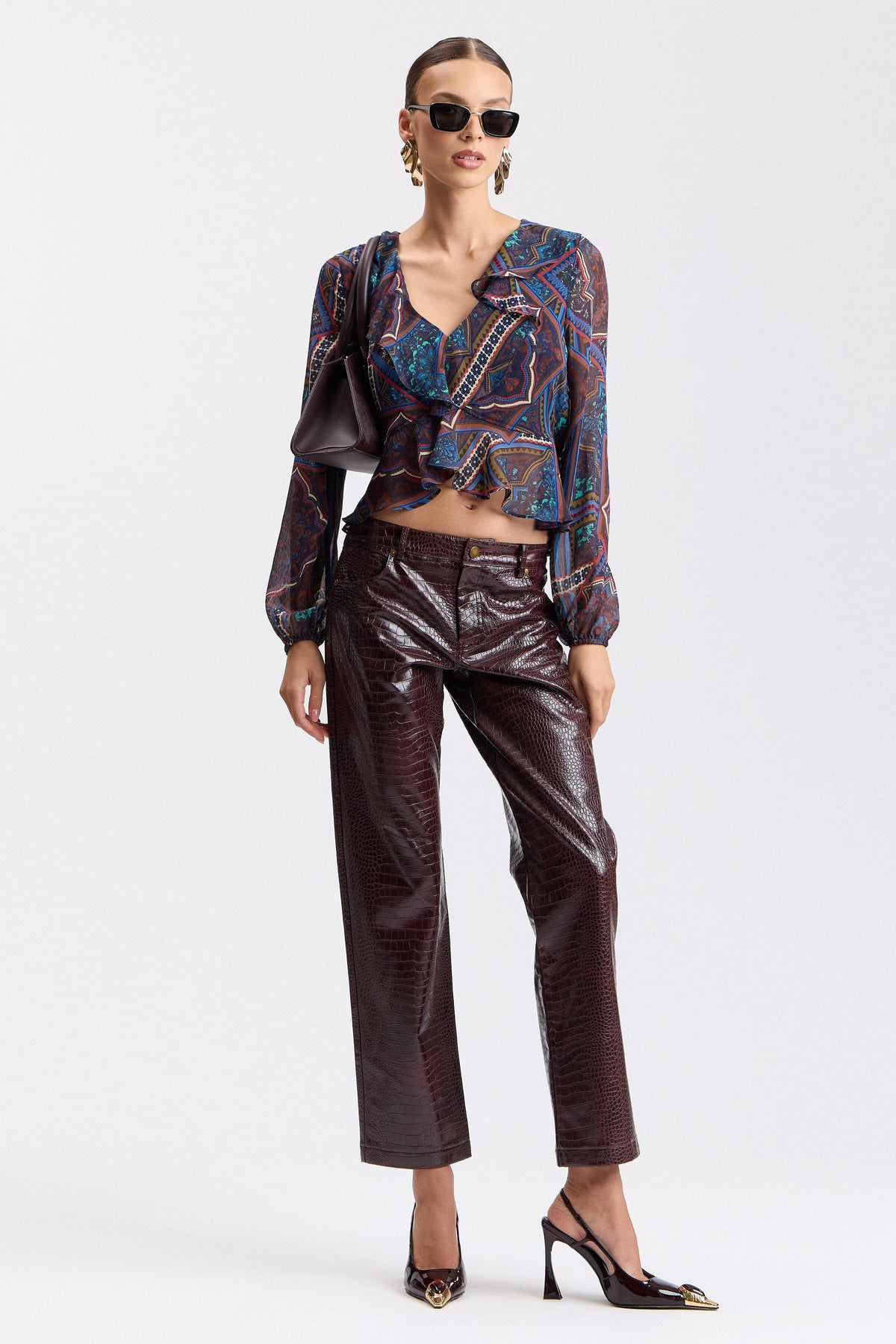 Multicolor womens long sleeve blouse with a deep V-neck - Shop designer peplum tops by Avec Les Filles.