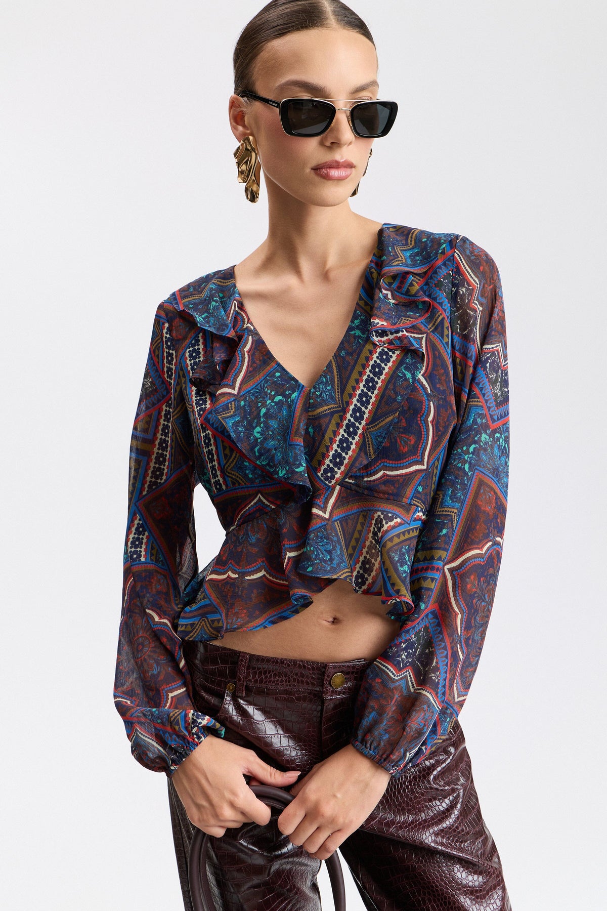 Printed chiffon ruffle long sleeve peplum top with V-neck - Shop designer peplum tops women by Avec Les Filles.