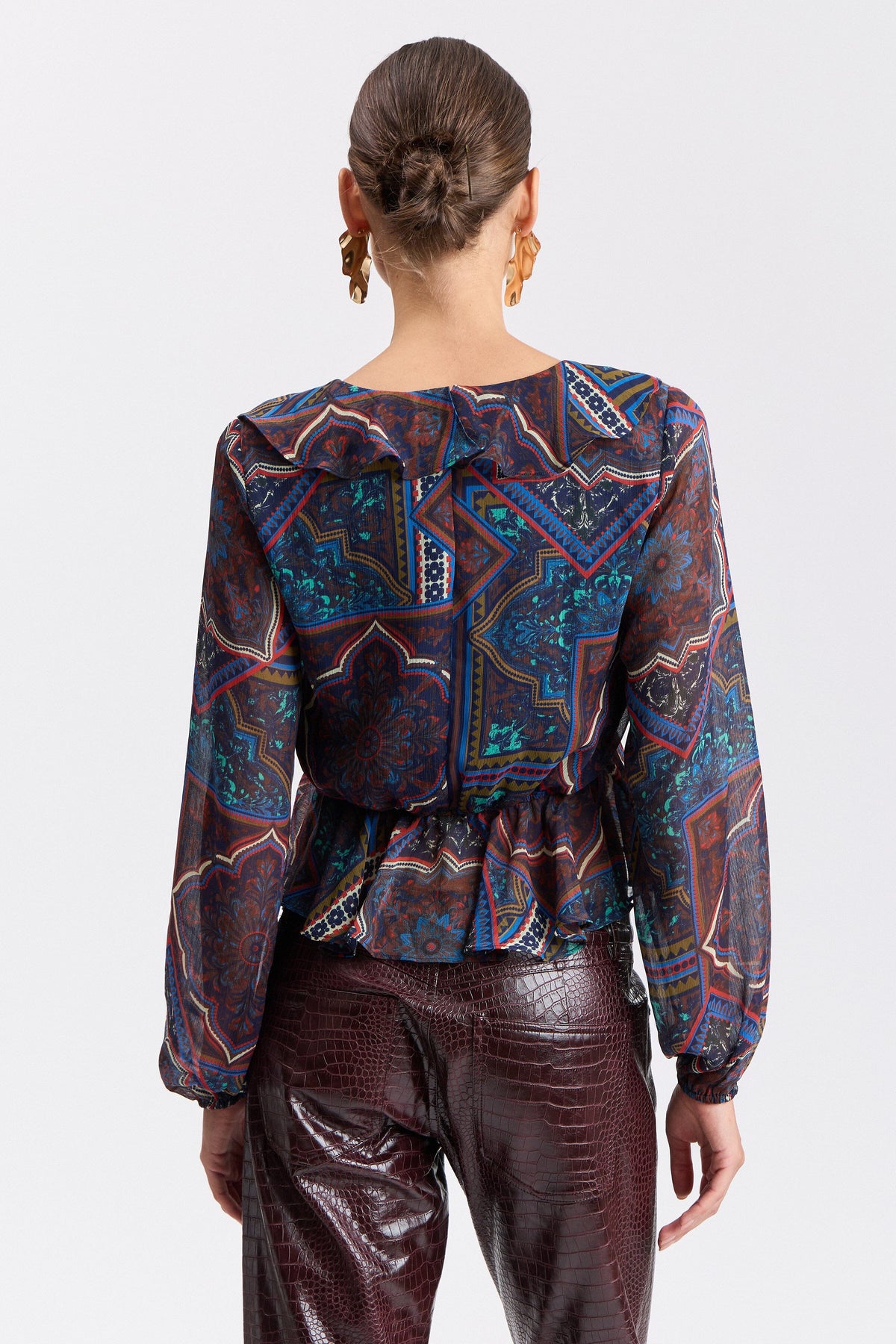 Printed crinkle chiffon ruffle multicolor long sleeve blouse - Shop designer womens peplum tops by Avec Les Filles.