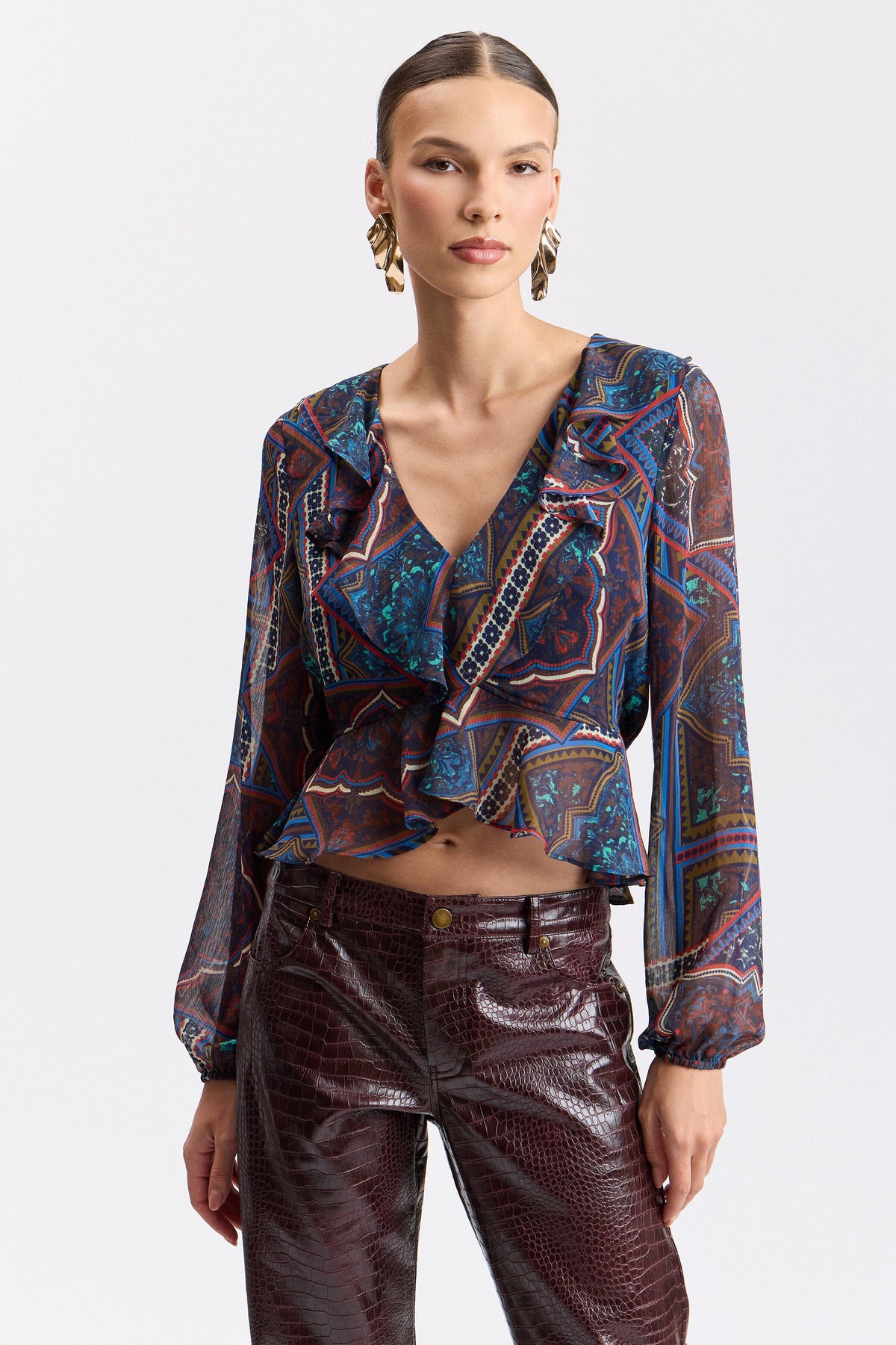 Printed chiffon ruffle multicolor long sleeve peplum top with V-neck - Shop womens peplum tops by Avec Les Filles.