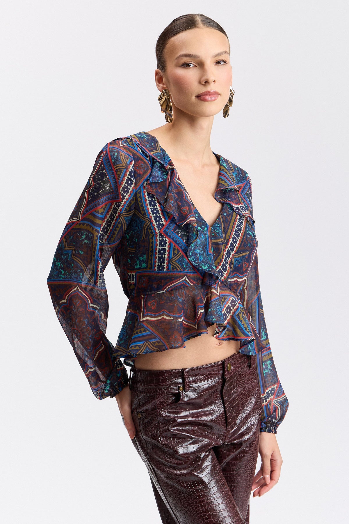 Printed ruffle multicolor long sleeve womens peplum top with V-neck - Shop designer peplum tops by Avec Les Filles.