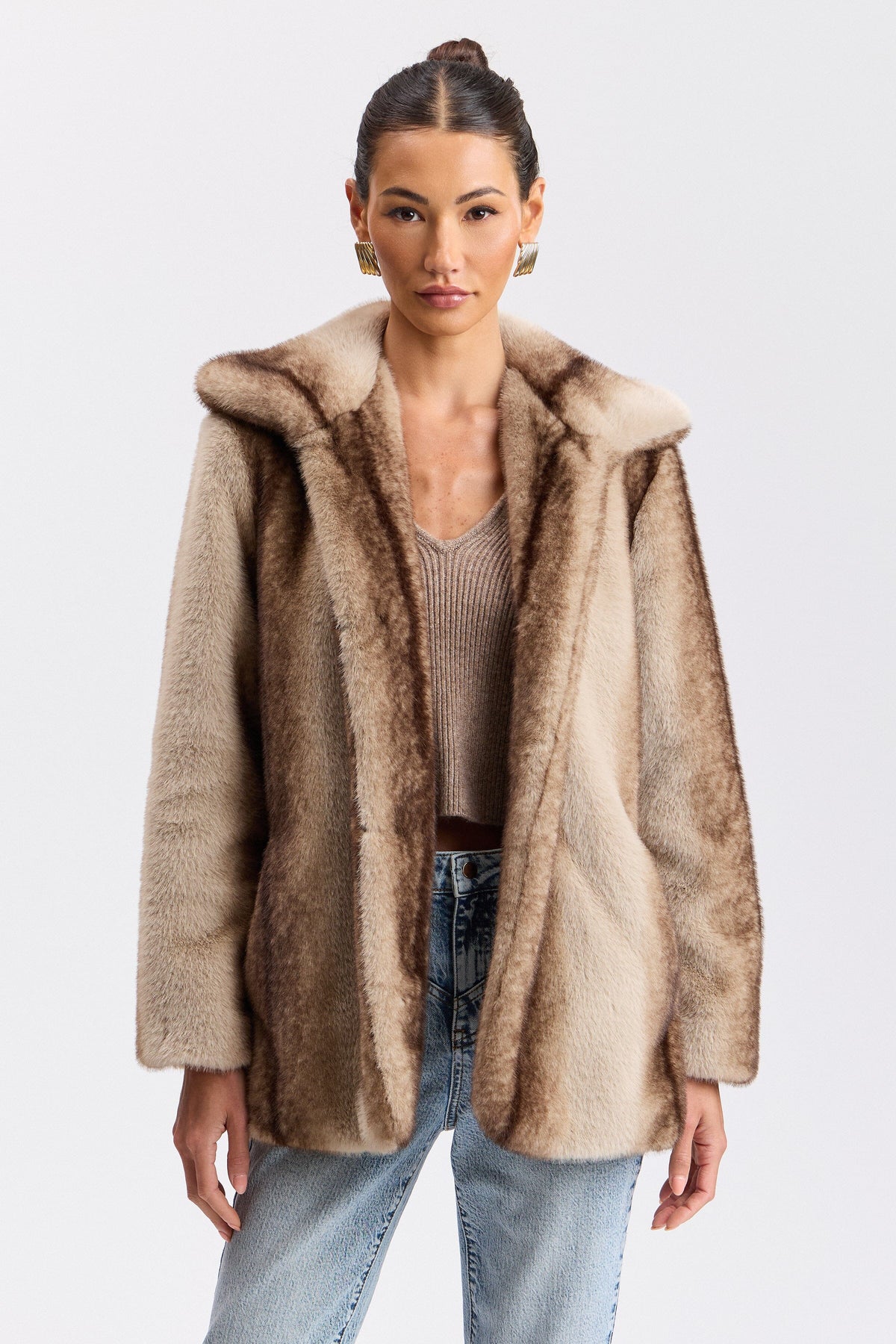 Two-tone brown faux fur coat with an oversized high collar - Shop women's cute coats & jackets by Avec Les Filles.