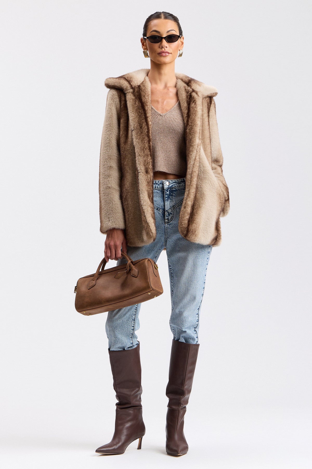 Brown faux fur coat with a centre-front and high collar - Shop designer coats & jackets by Avec Les Filles.