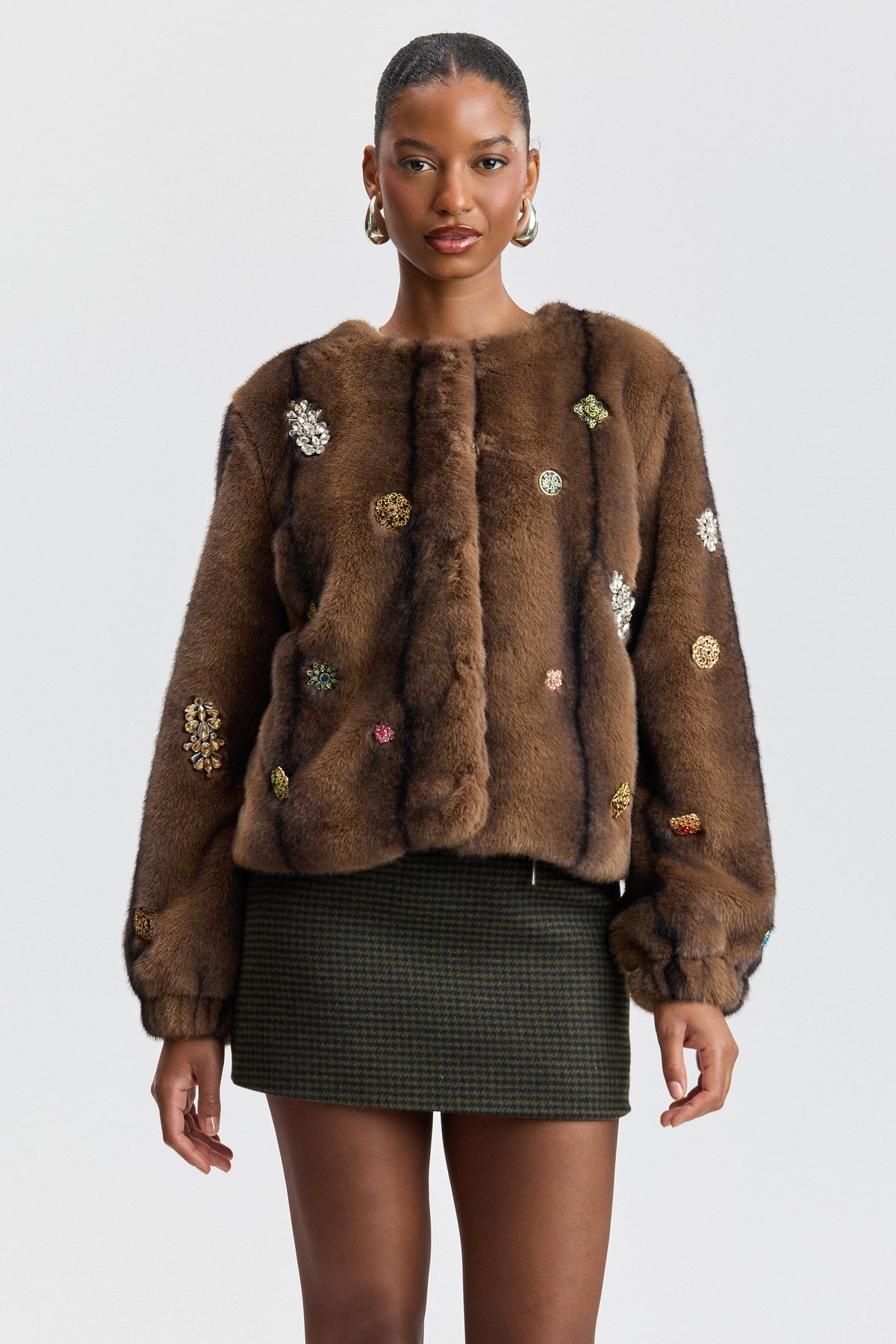 Faux brown fur jacket with appliqués on the front - Shop designer women's cute faux fur jackets by Avec Les Filles.
