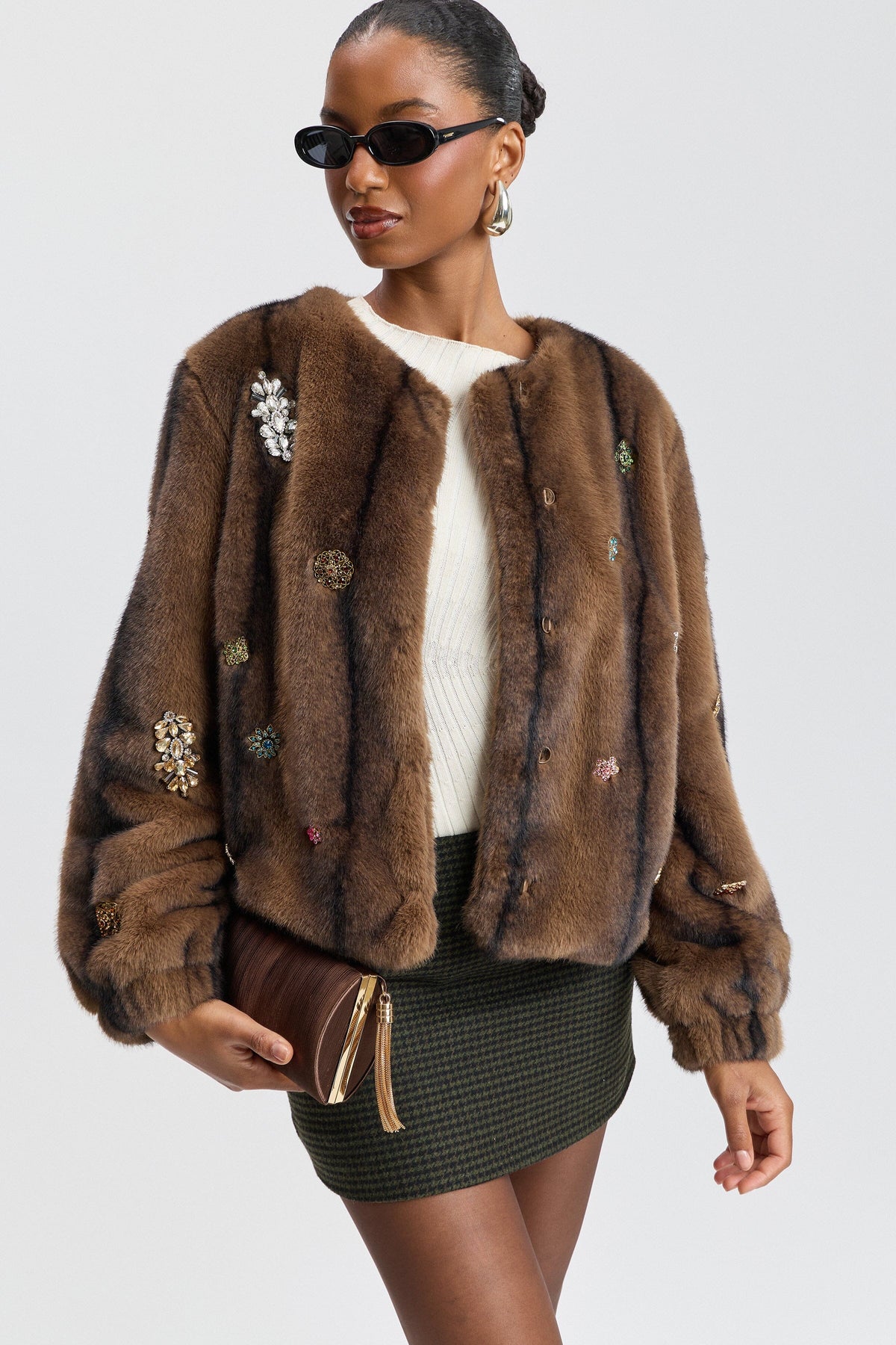 Jeweled light brown faux fur jacket with appliqués on the front - Shop women's cute faux fur jackets by Avec Les Filles.