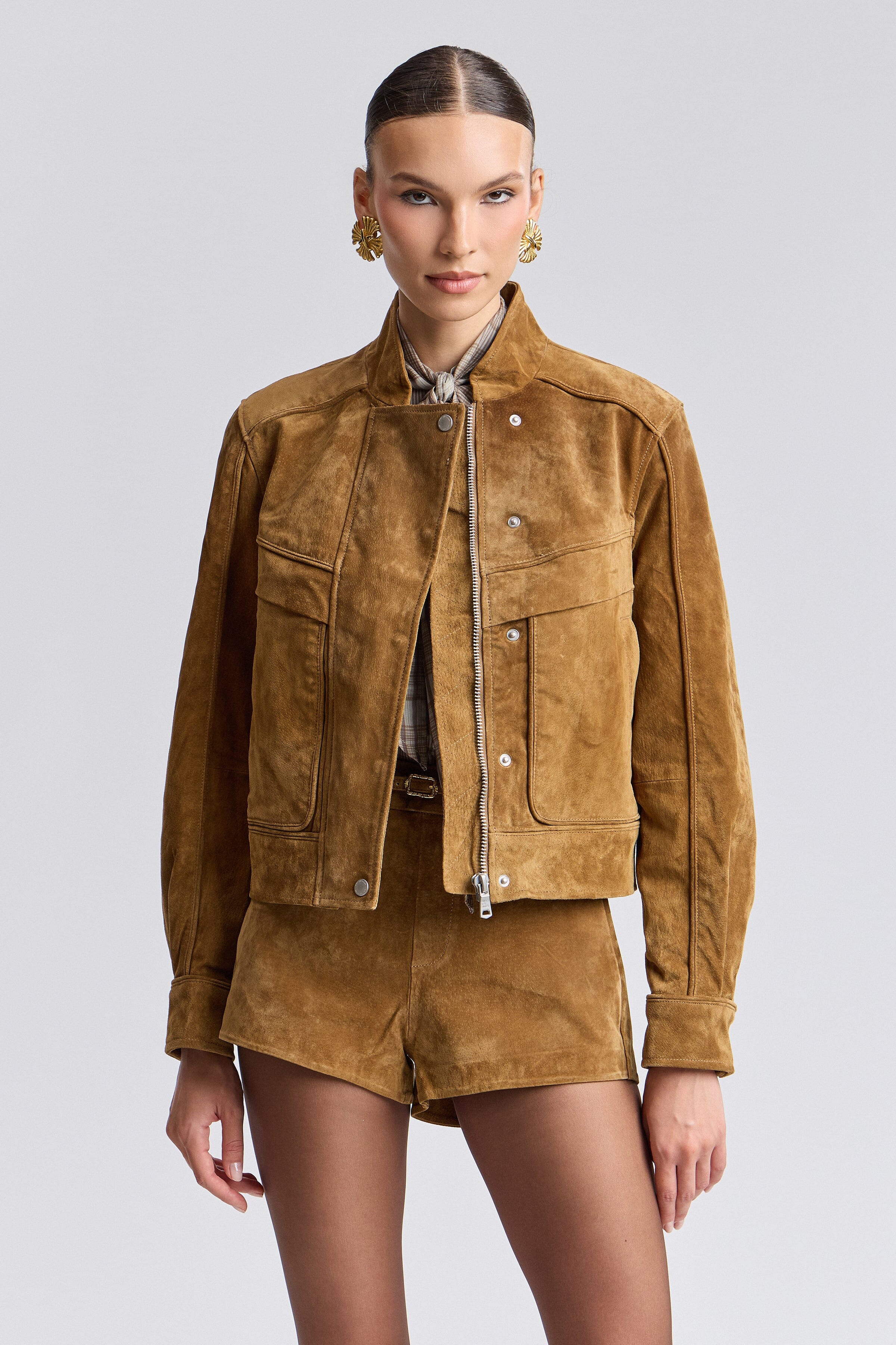 Light brown suede leather women's jackets with long sleeves - Shop women's jackets by Avec Les Filles.