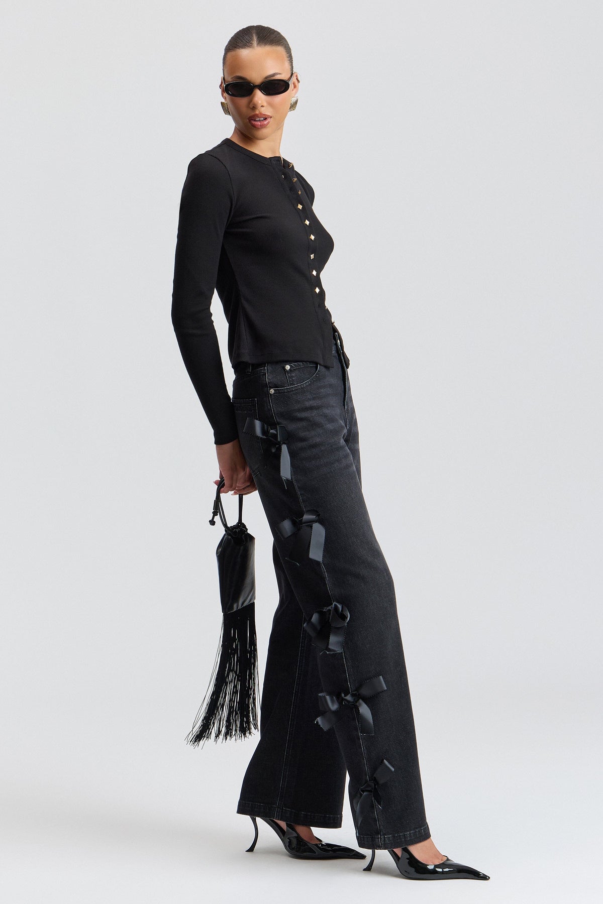 High-Rise Bow-Trim Wide-Leg Jeans - Friesian Wash Pants Avec Les Filles