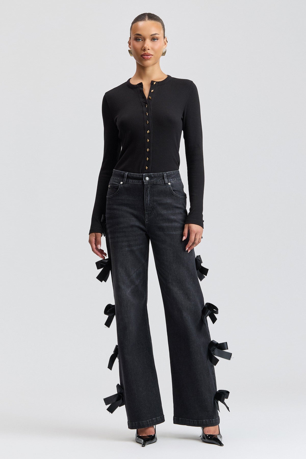 High-Rise Bow-Trim Wide-Leg Jeans - Friesian Wash Pants Avec Les Filles Friesian Wash 24
