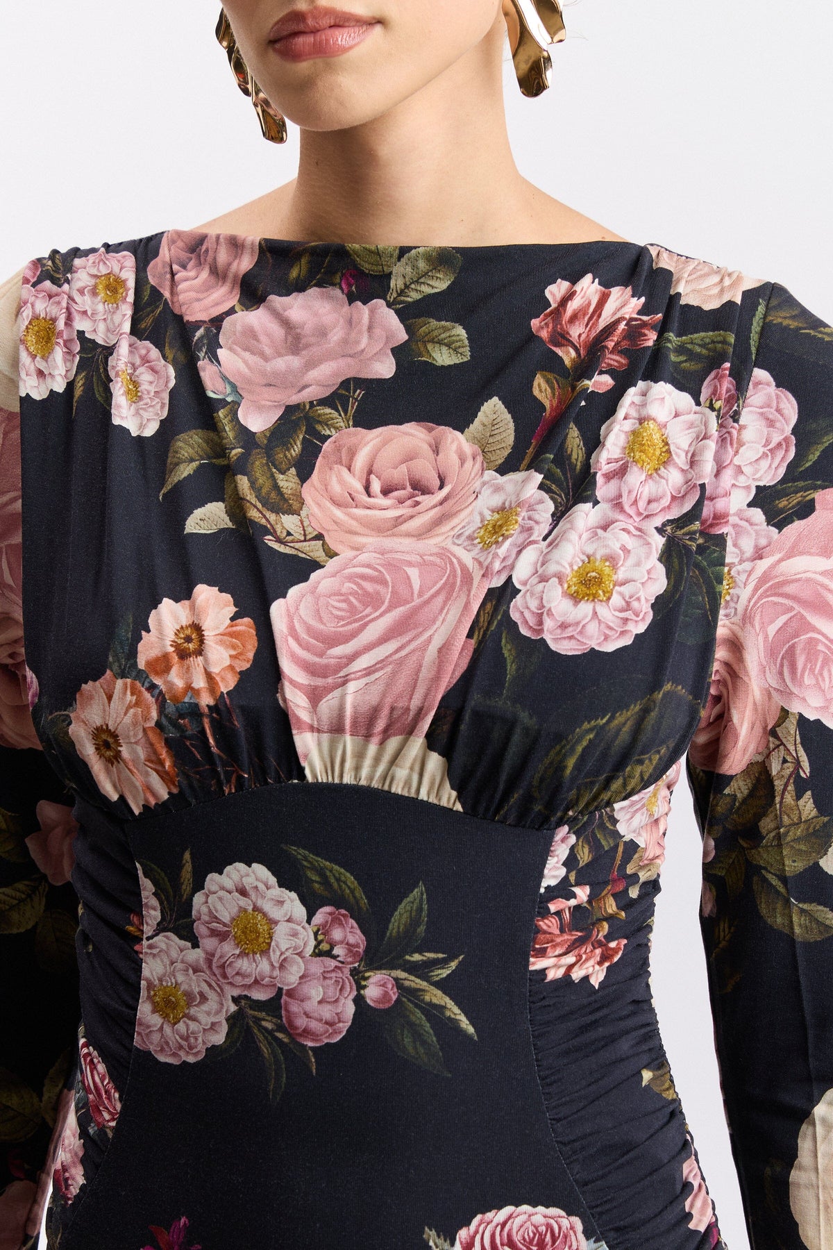 Black long sleeve floral dress with a draped cowl neck - Shop designer women's midi dresses by Avec Les Filles.