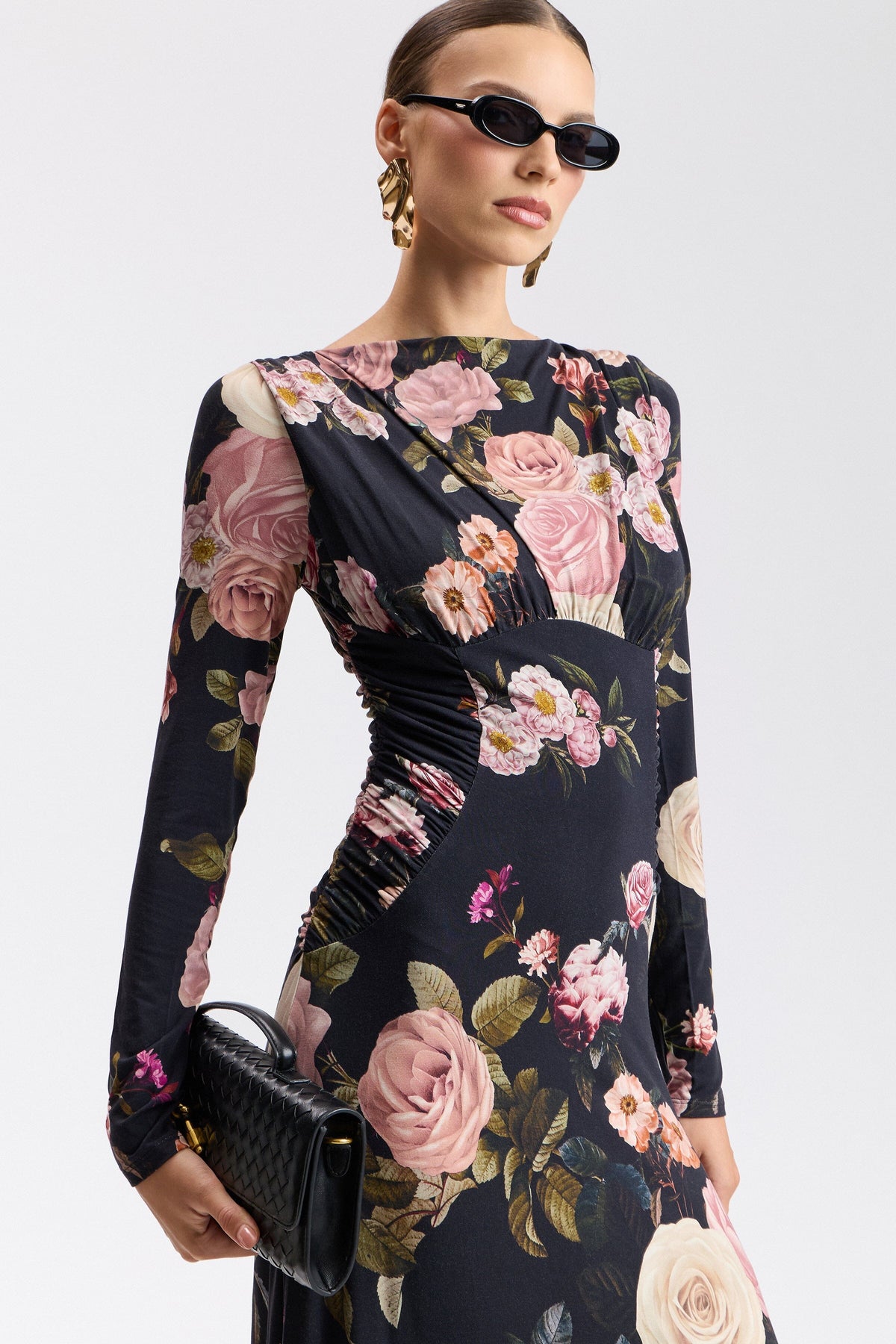 Dark floral dress with a draped cowl neck and high-low hem. Shop women's cute midi dresses by Avec Les Filles.