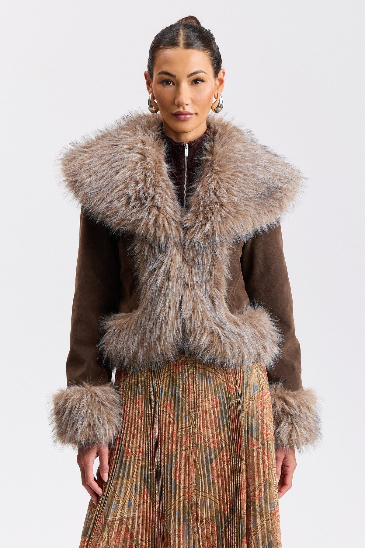 Faux suede jacket with faux fur trim coat and shawl collar - Shop women's faux fur coats and jackets by Avec Les Filles.