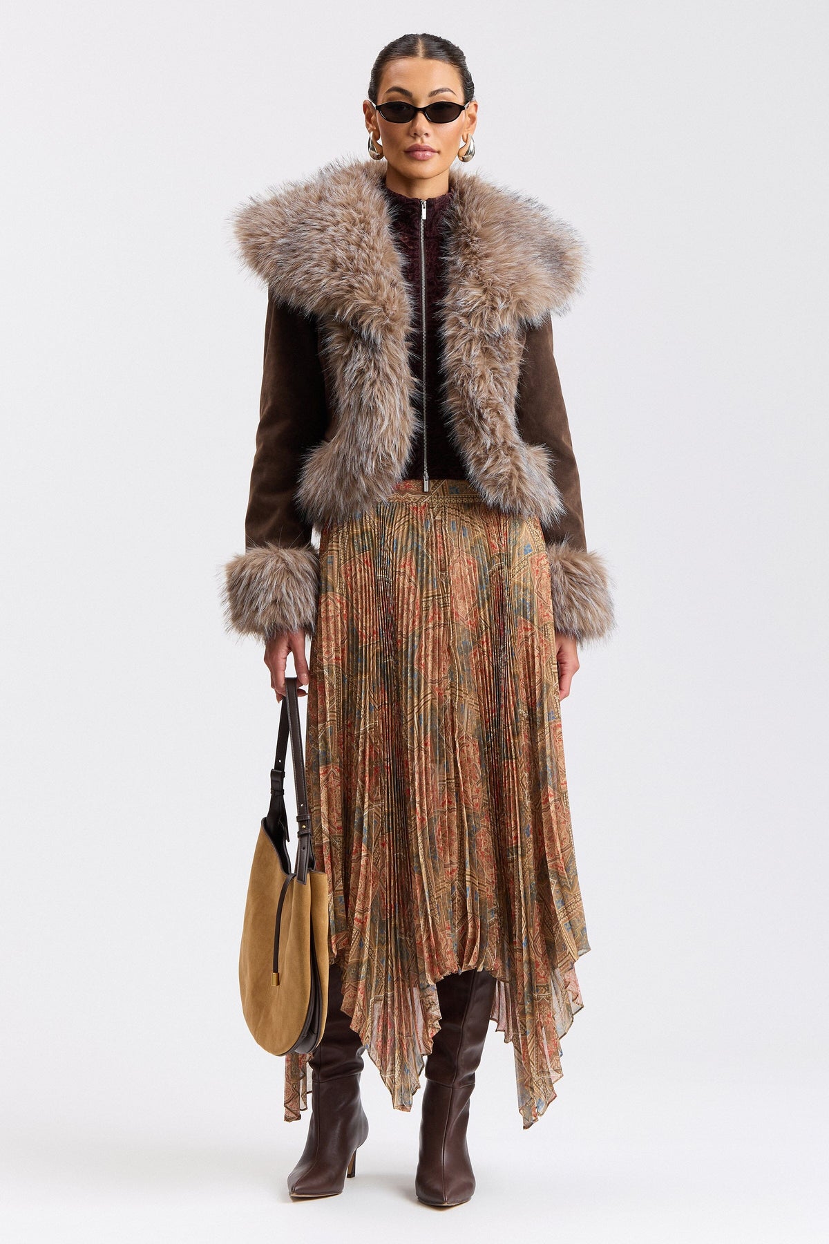 Faux suede faux fur trim coat and shawl collar - Shop women's faux fur coats and jackets by Avec Les Filles.