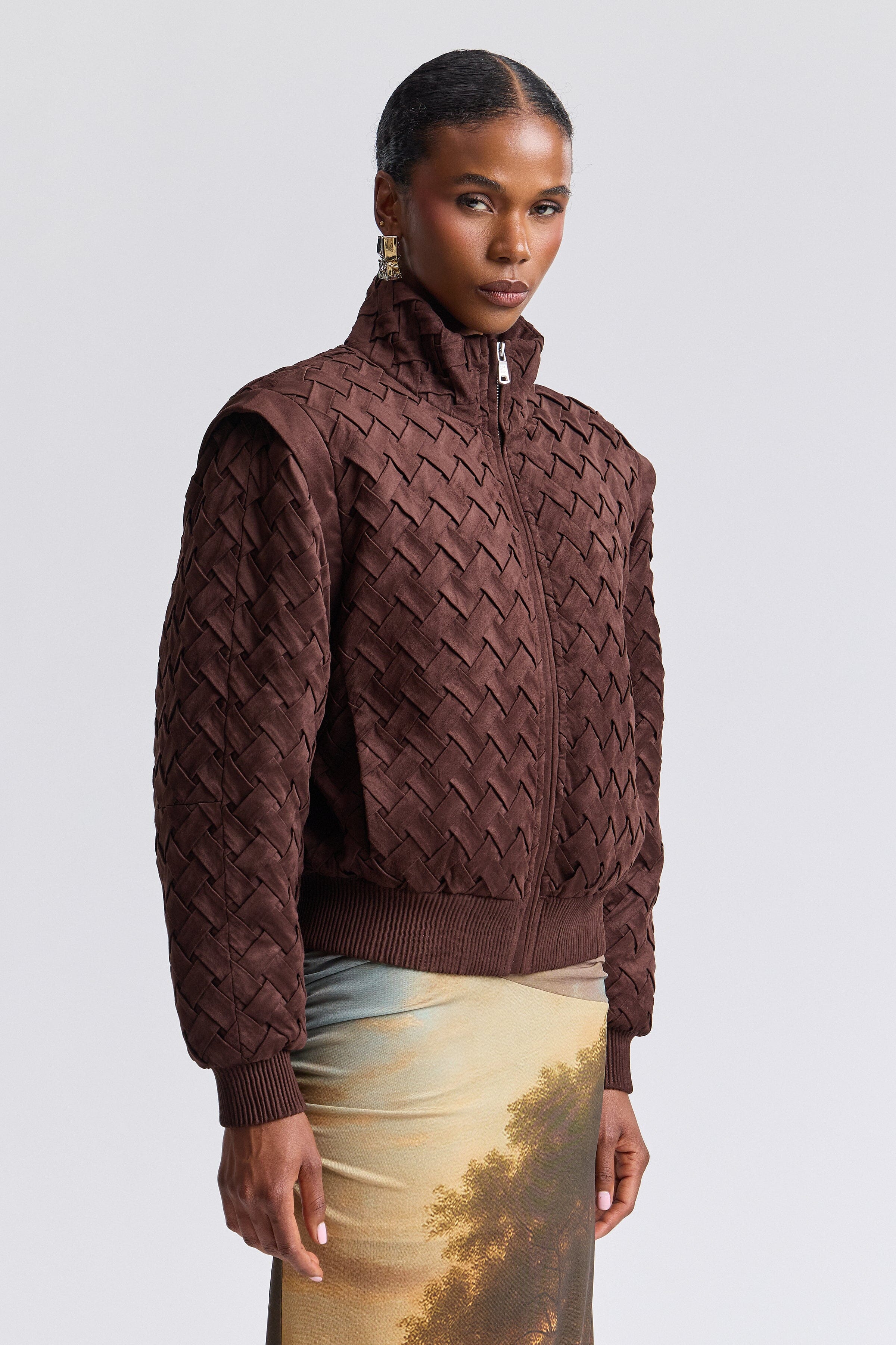 Woven faux suede jacket brown with zip front and long sleeves - Shop women's bomber jackets by Avec Les Filles.