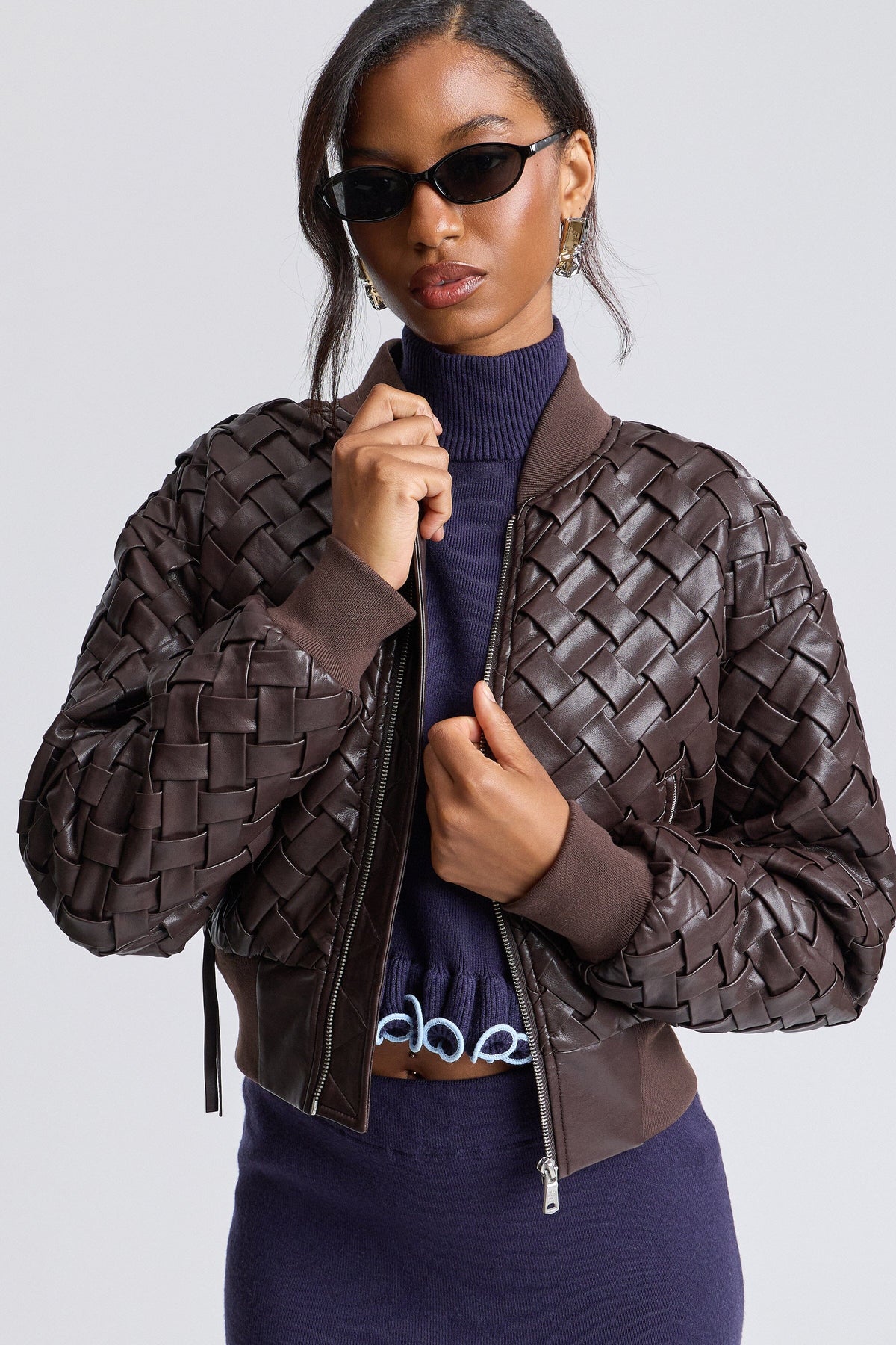 Brown fake leather jacket with a zip front and long sleeves - Shop women's cute bomber jackets by Avec Les Filles.