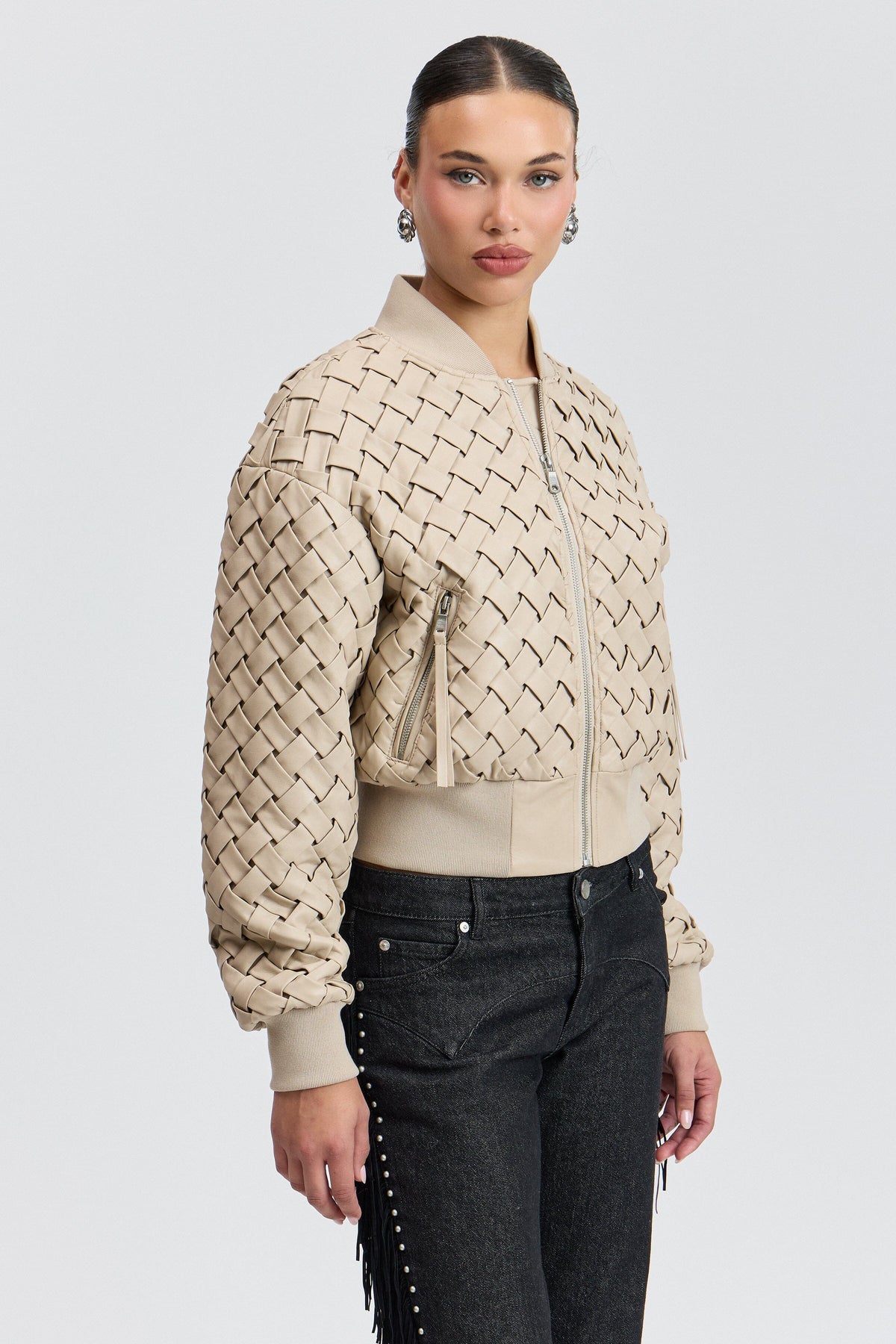 Cream faux leather bomber jacket womens with a centre-front - Shop cute faux leather jackets by Avec Les Filles.