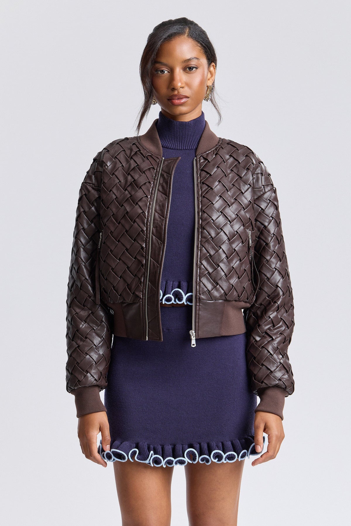 Brown faux leather jacket with zip front and long sleeves - Shop women's bomber jackets by Avec Les Filles.