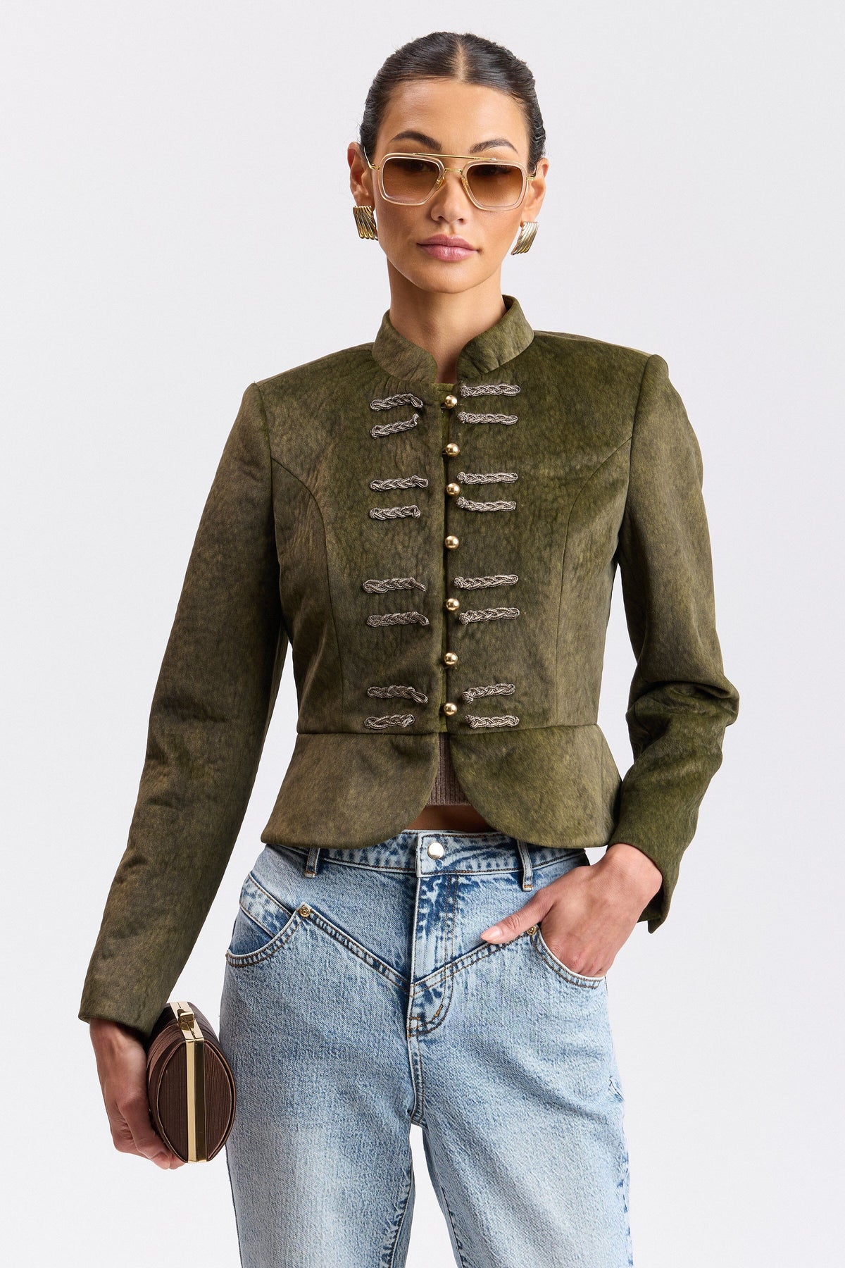 Dark green womens peplum jacket with mandarin collar - Shop designer olive green jackets by Avec Les Filles.