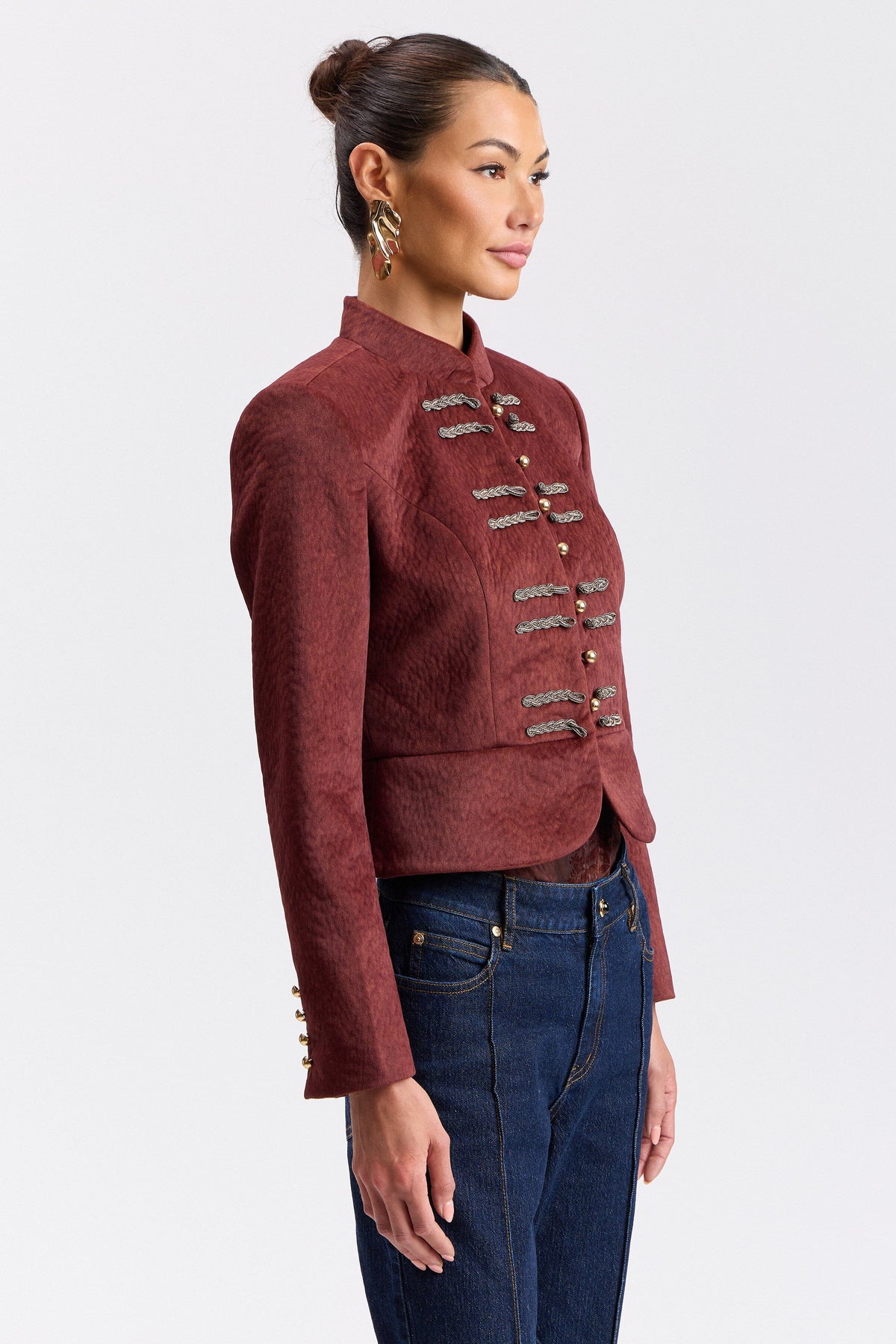 Burgundy jacket womens with mandarin collar and button-front – Shop cute jackets by Avec Les Filles.