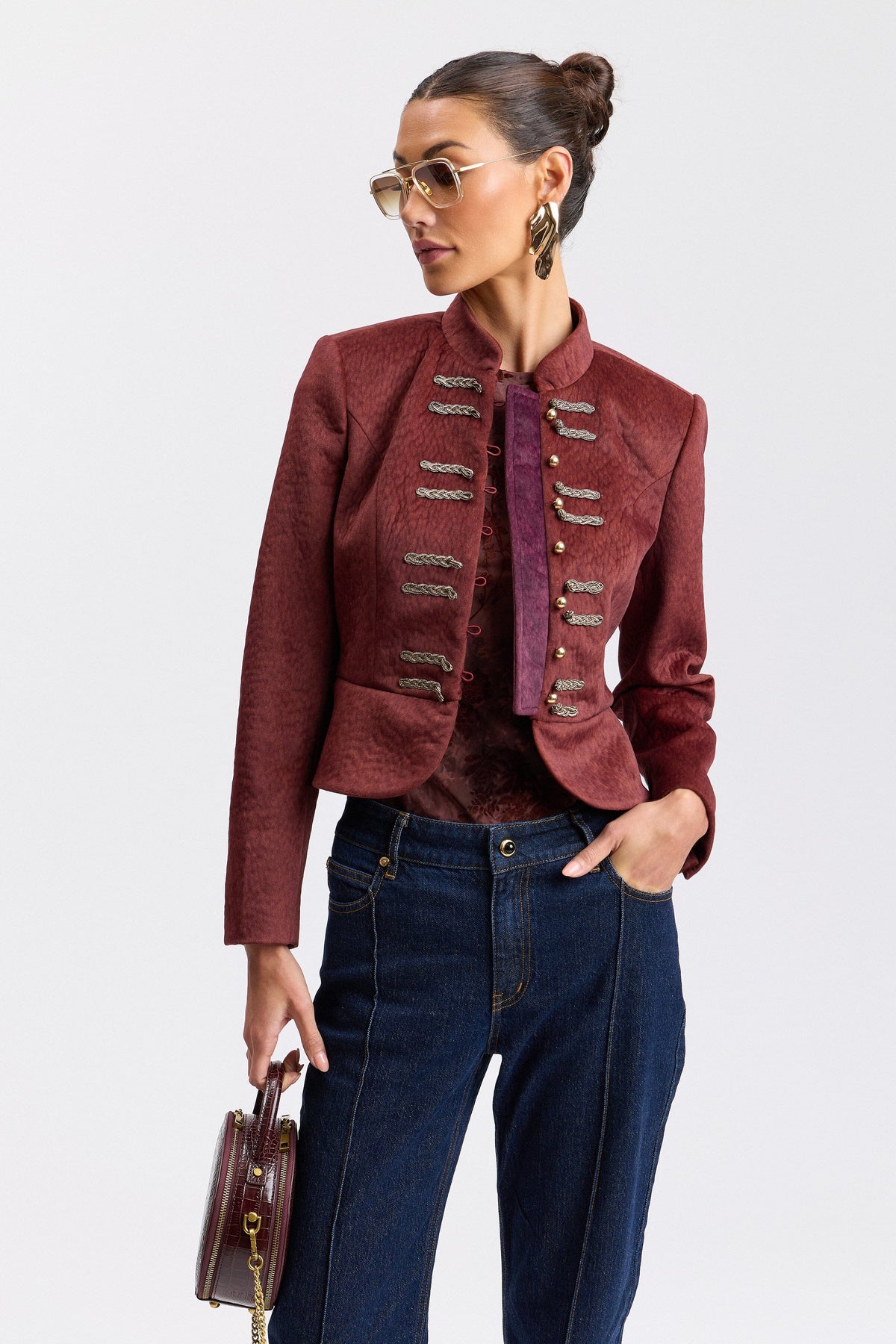 Burgundy women military jacket with mandarin collar and button-front – Shop cute jackets by Avec Les Filles.