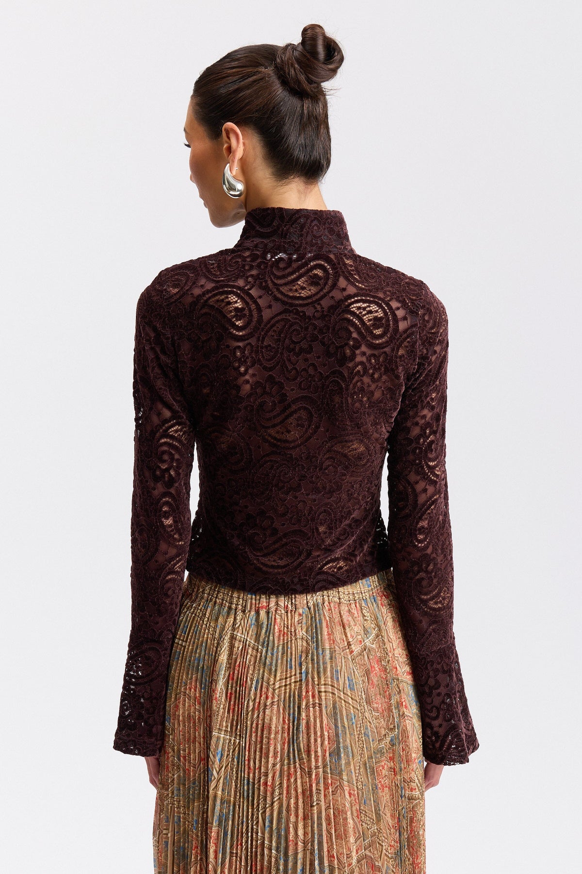 Brown lace sheer top with a mock neck and long sleeves - Shop women's cute lace tops by Avec Les Filles.