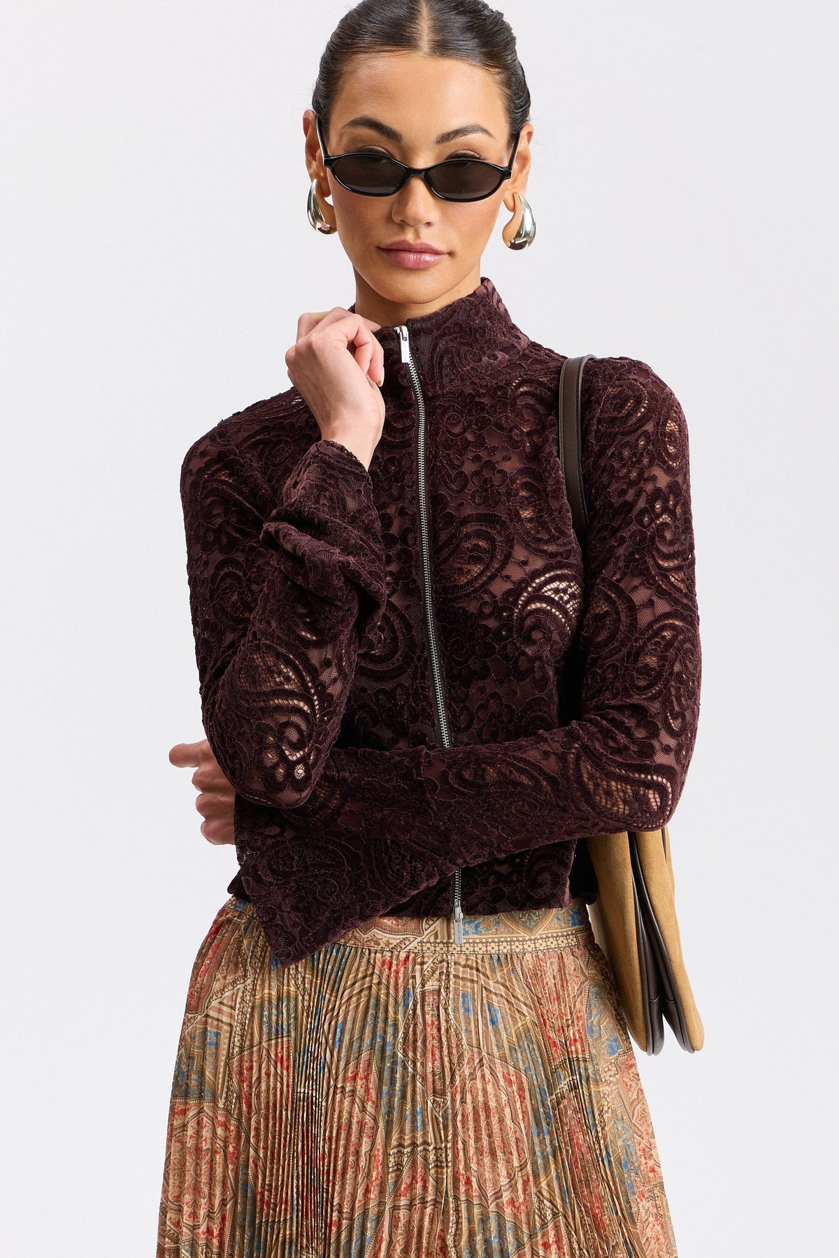 Stretch chenille brown zip up top with a mock neck and long sleeves - Shop women's lace tops by Avec Les Filles.