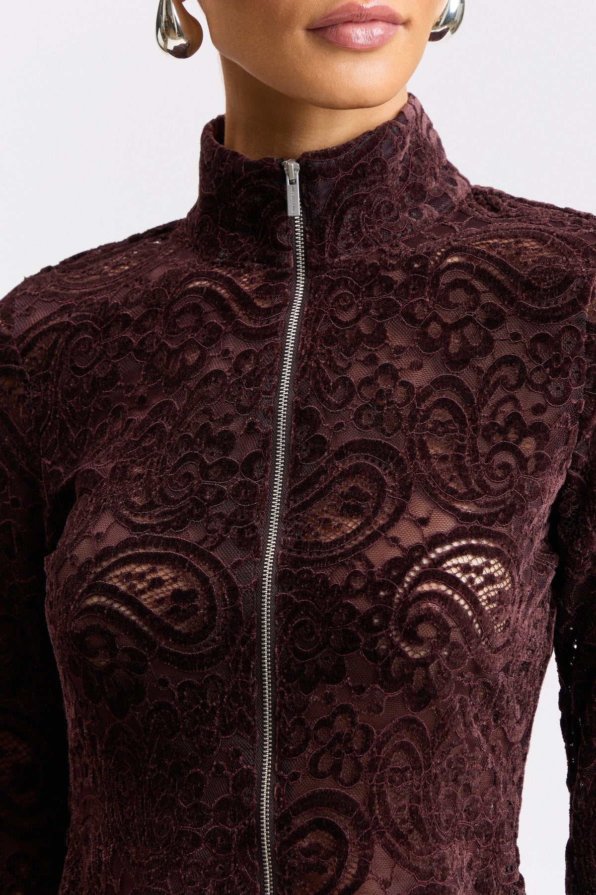Brown lacy top with a mock neck and long sleeves - Shop designer women's cute lace tops by Avec Les Filles.