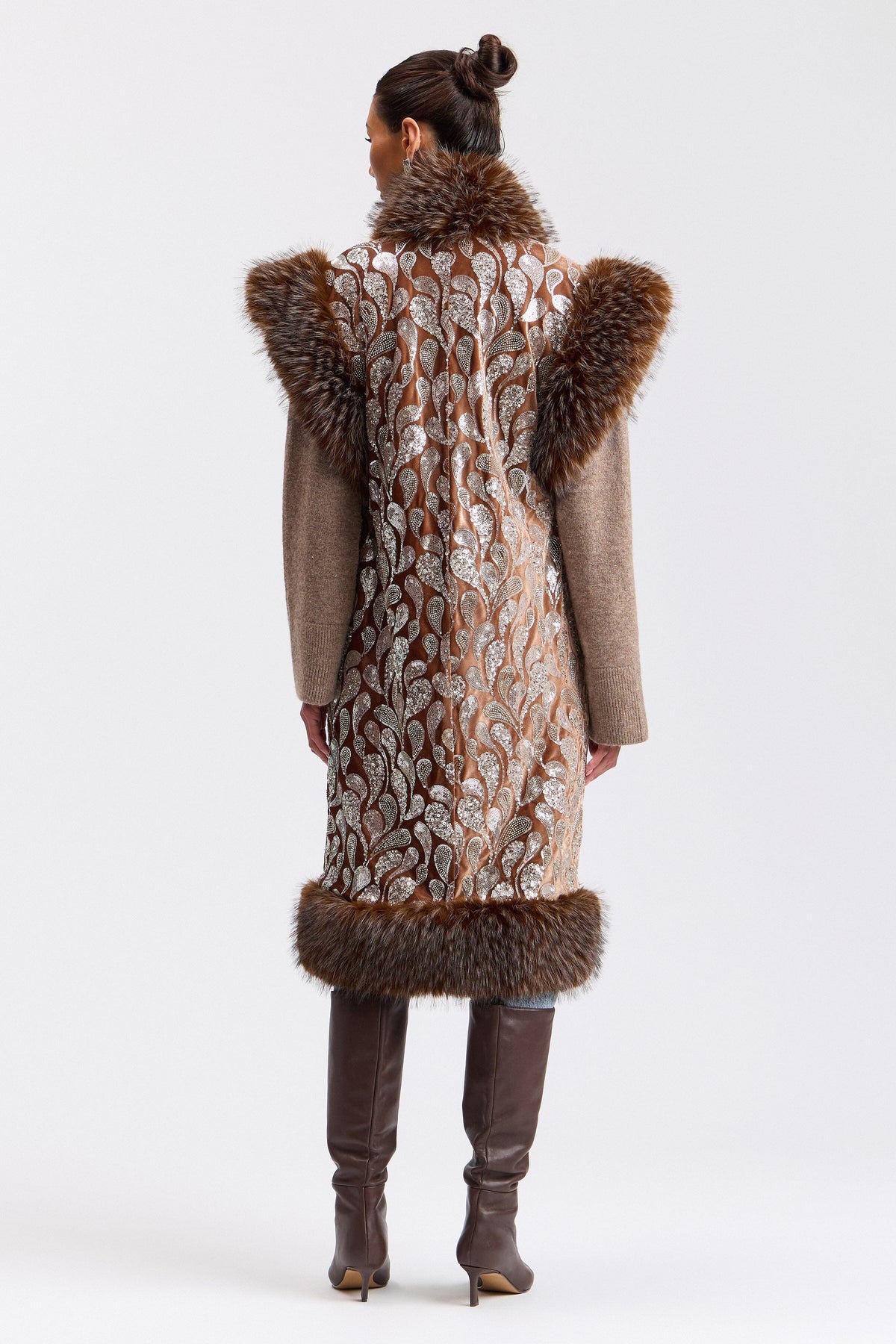 Sequin-embellished velvet maxi faux fur vest womens with shawl collar. Shop women's long vests by Avec Les Filles.