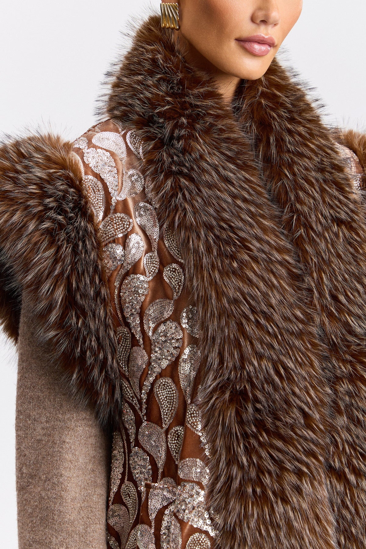 Sequin-embellished velvet maxi faux fur vest with shawl collar - Shop designer womens vest long by Avec Les Filles.