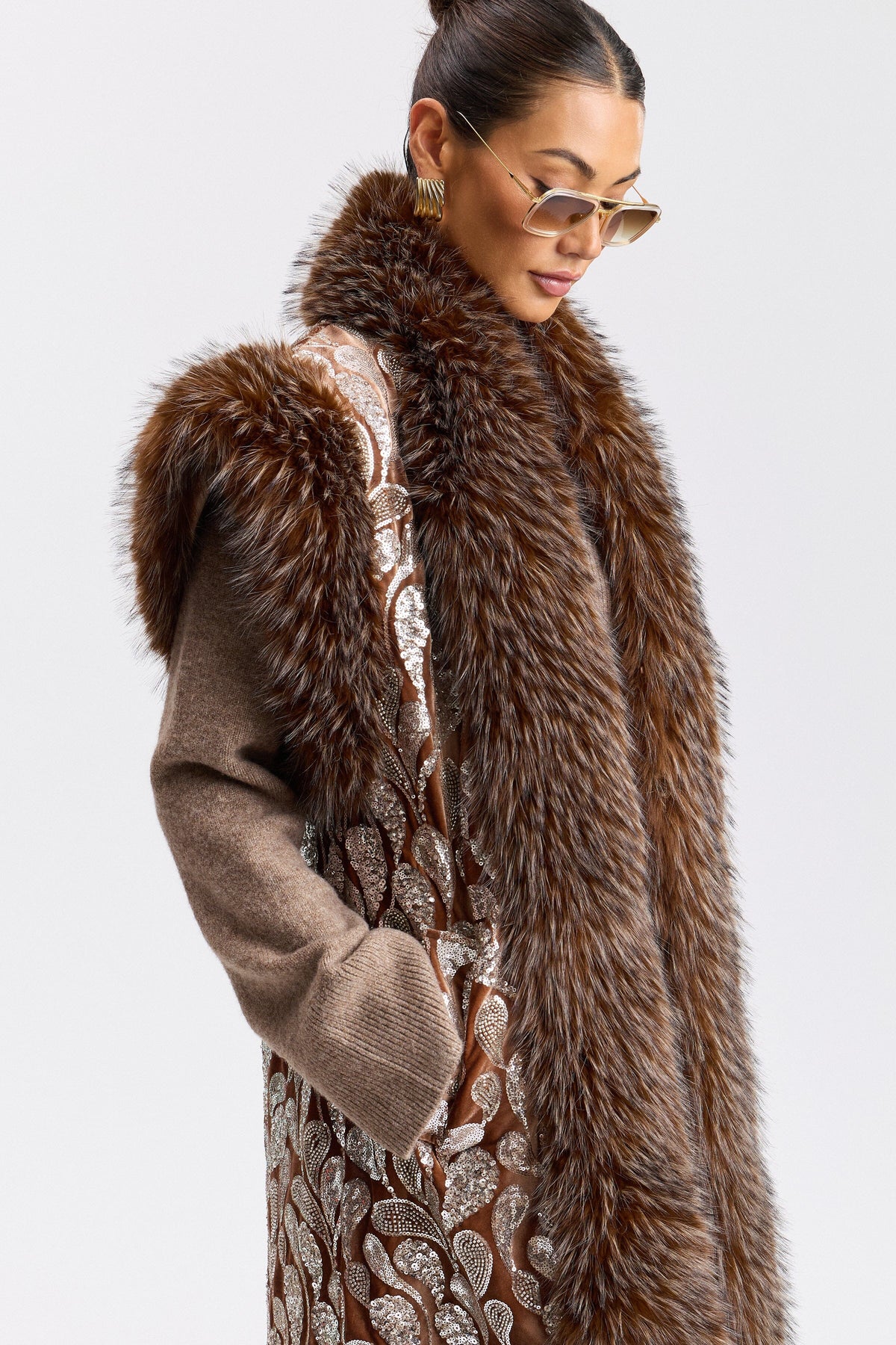 Sequin-embellished velvet faux fur long vest with shawl collar - Shop designer women's cute vests by Avec Les Filles.