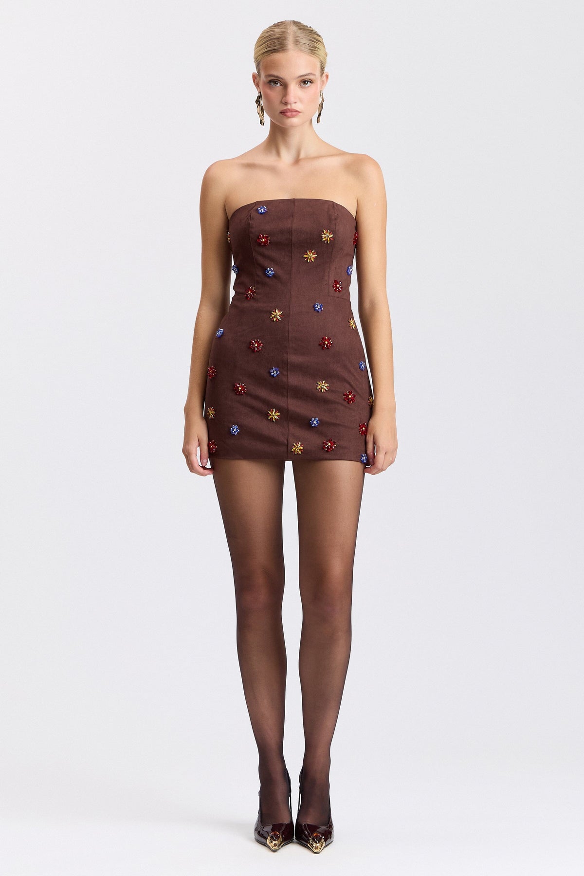 Embellished faux suede strapless mini brown dress. Shop designer women's cute mini dresses by Avec Les Filles.