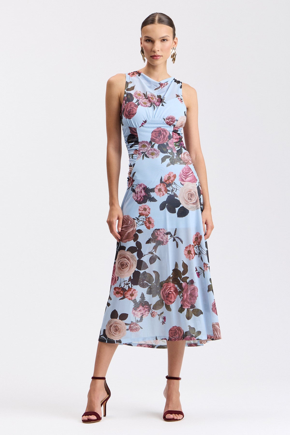 Sleeveless mesh-patchwork shirred midi blue floral dress - Shop women's cute printed dresses by Avec Les Filles.