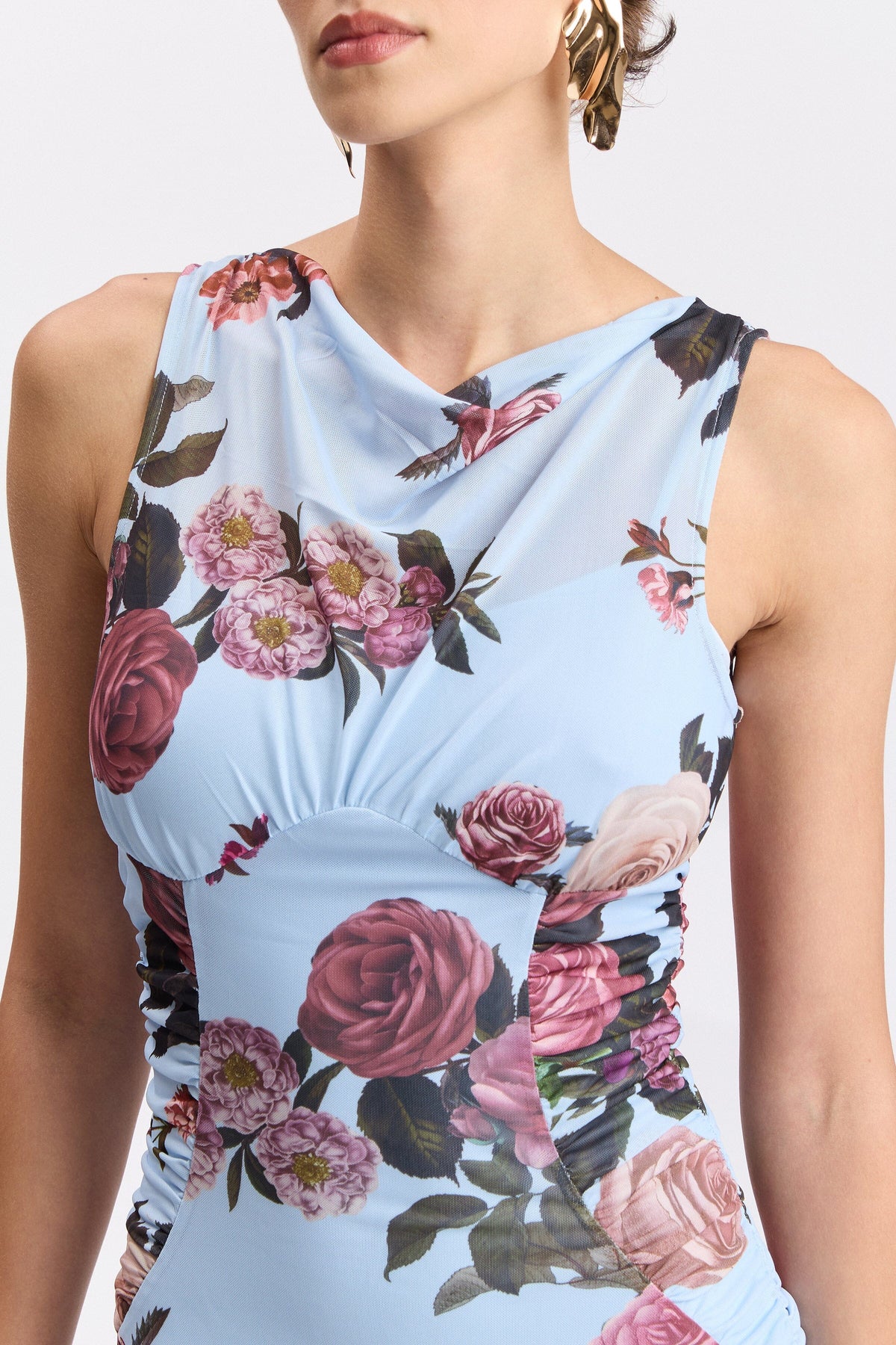 Sleeveless mesh-patchwork midi floral dress with crew neck. Shop women's floral midi dresses by Avec Les Filles.