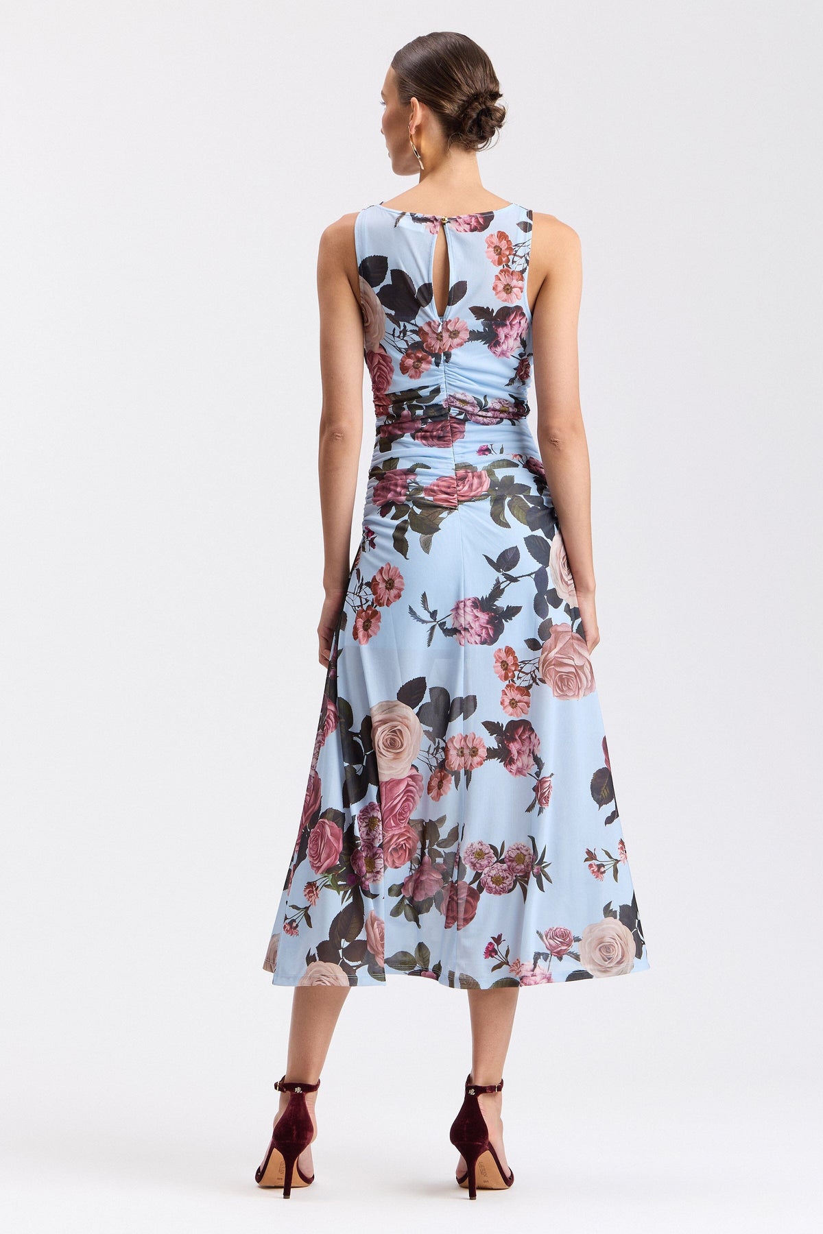 Sleeveless blue mesh dress with ruched waist - Shop designer women's cute printed dresses by Avec Les Filles.