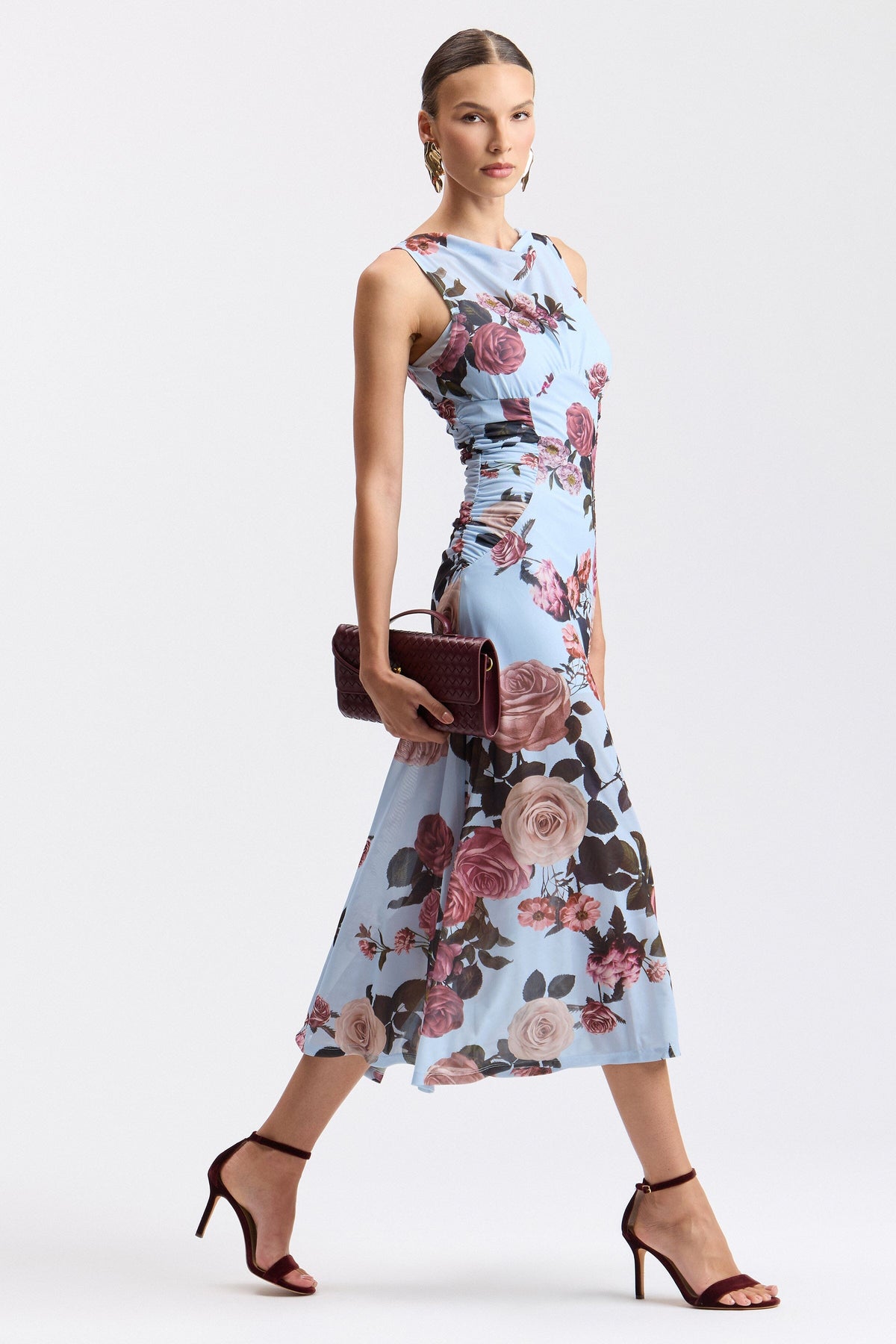 Sleeveless mesh-patchwork blue floral midi dress with crew neck. Shop women's printed dresses by Avec Les Filles.