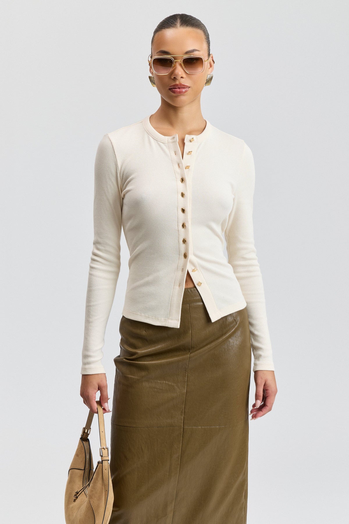 White long sleeve top in stretch cotton jersey with a button front. Shop women's cute white T-shirts by Avec Les Filles.